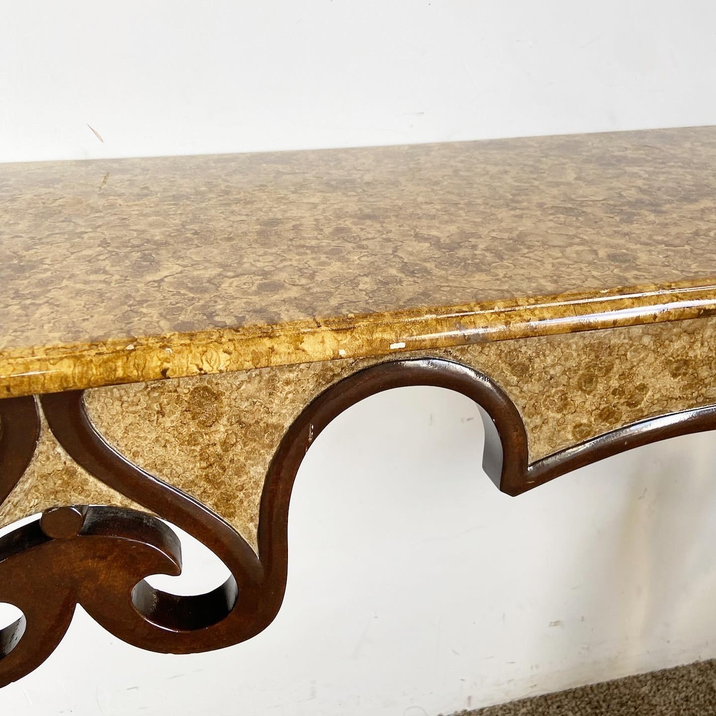 Wood French Style Faux Burl Sculpted Console Table For Sale
