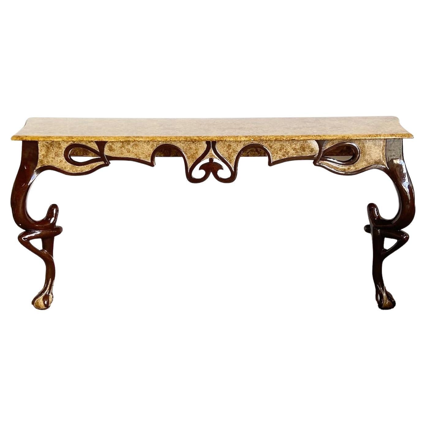 French Style Faux Burl Sculpted Console Table For Sale