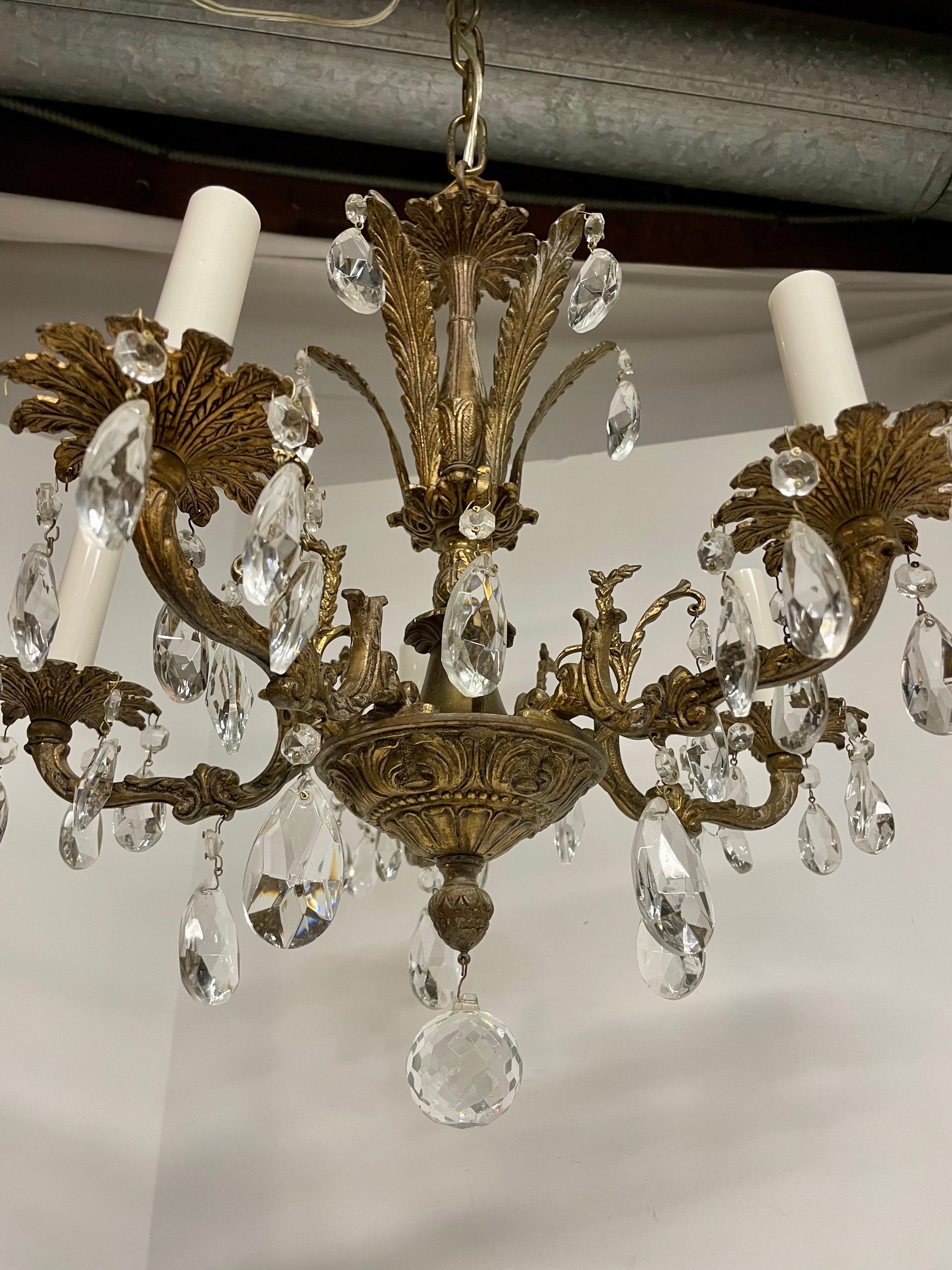 French Style Five Arm Bronze and Crystal Chandelier For Sale 5