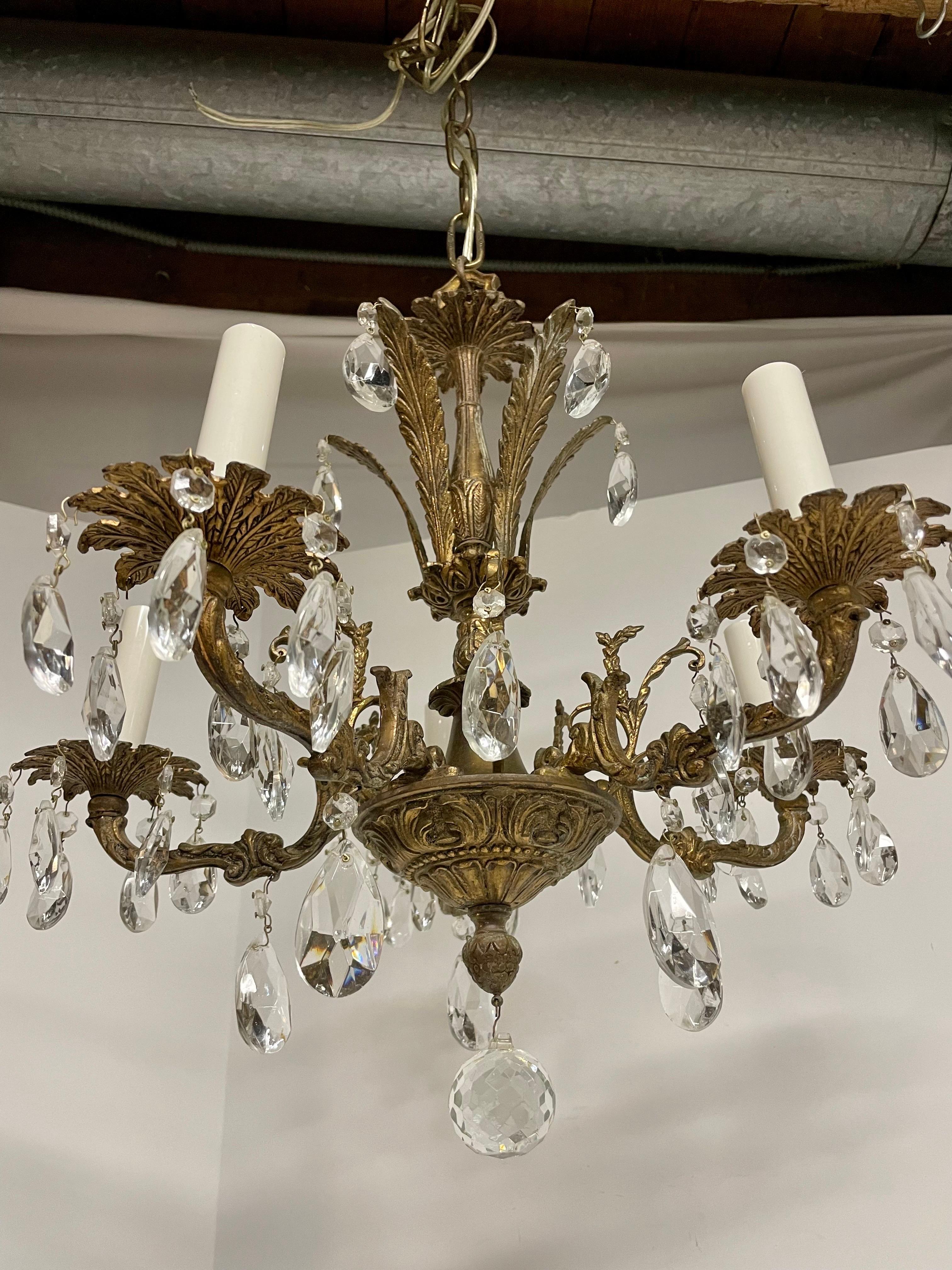 French Style Five Arm Bronze and Crystal Chandelier For Sale 8