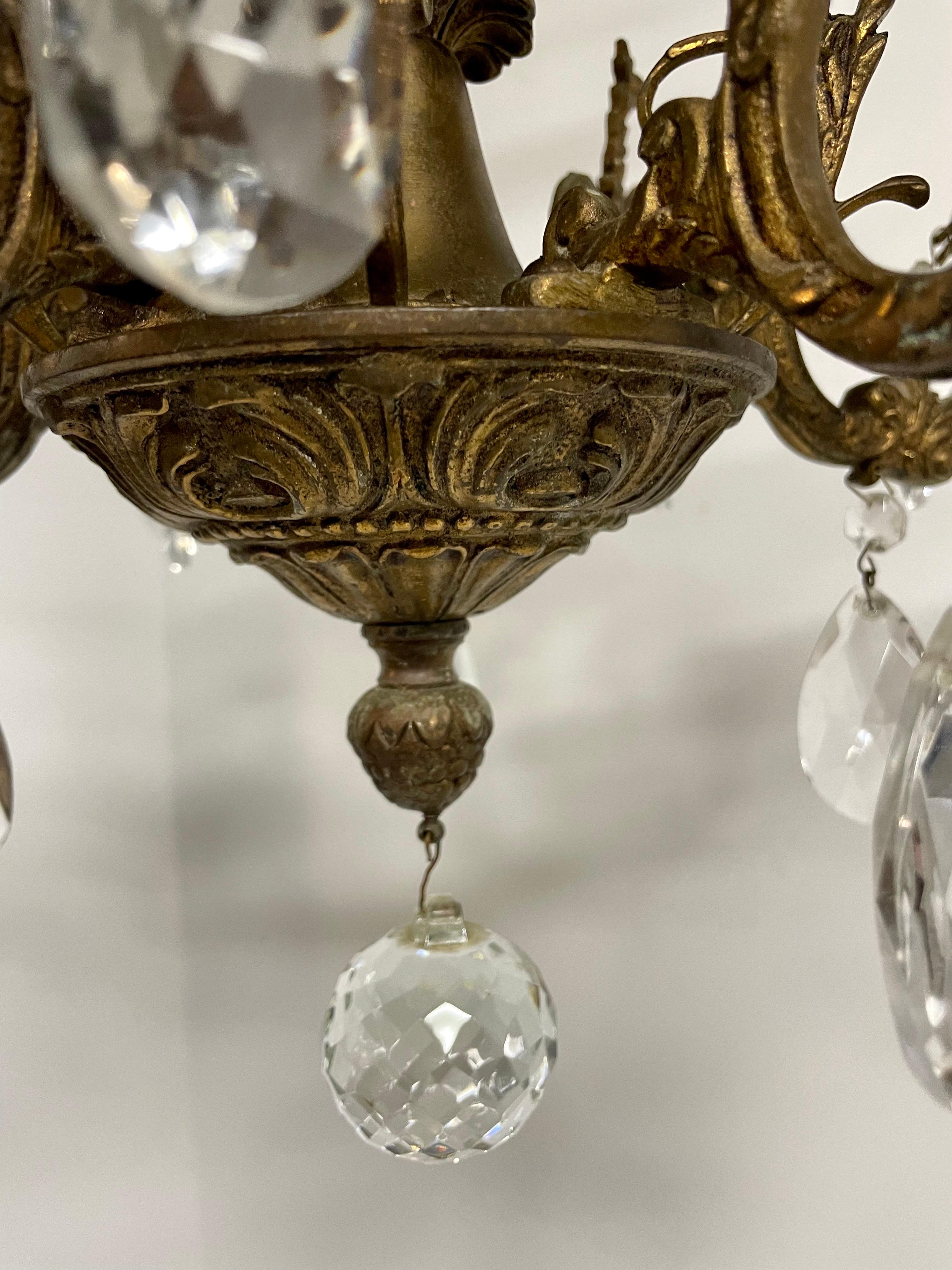 French Provincial French Style Five Arm Bronze and Crystal Chandelier For Sale