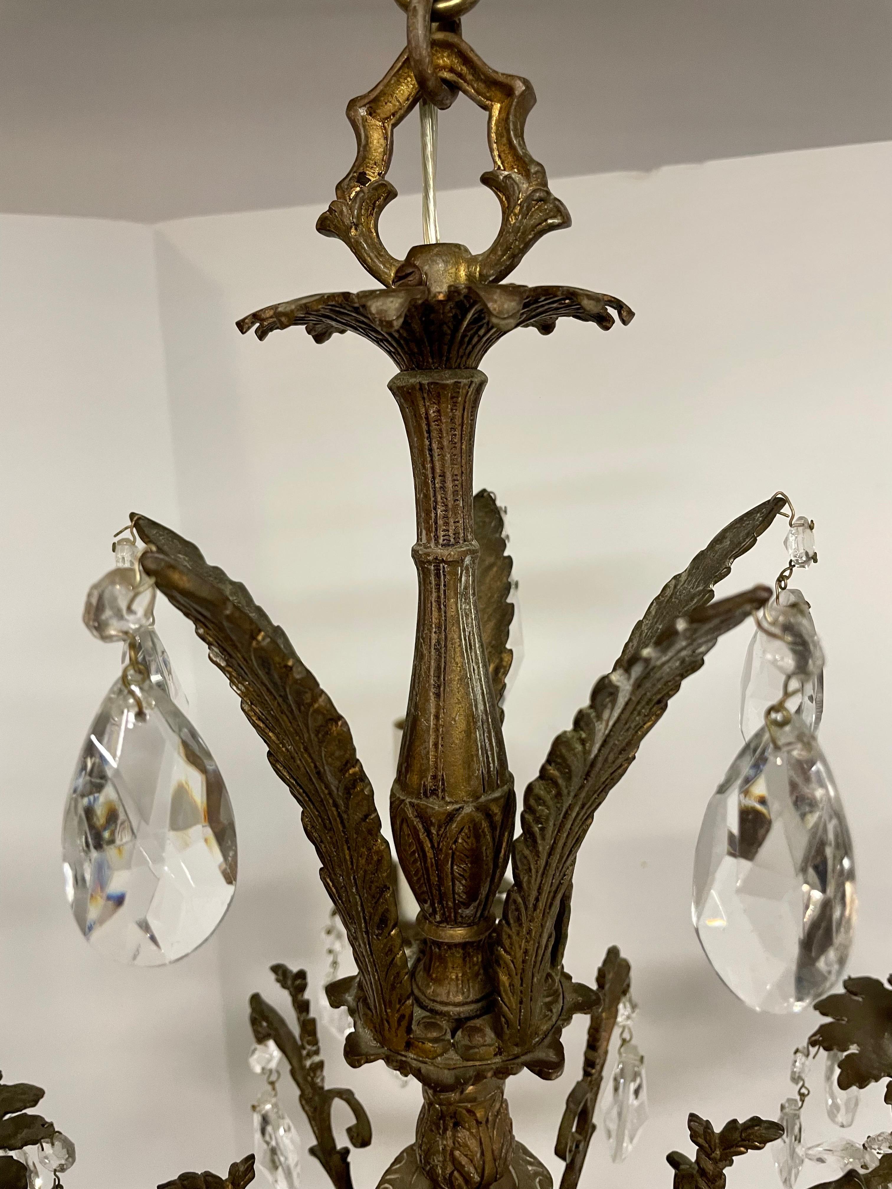 French Style Five Arm Bronze and Crystal Chandelier For Sale 1