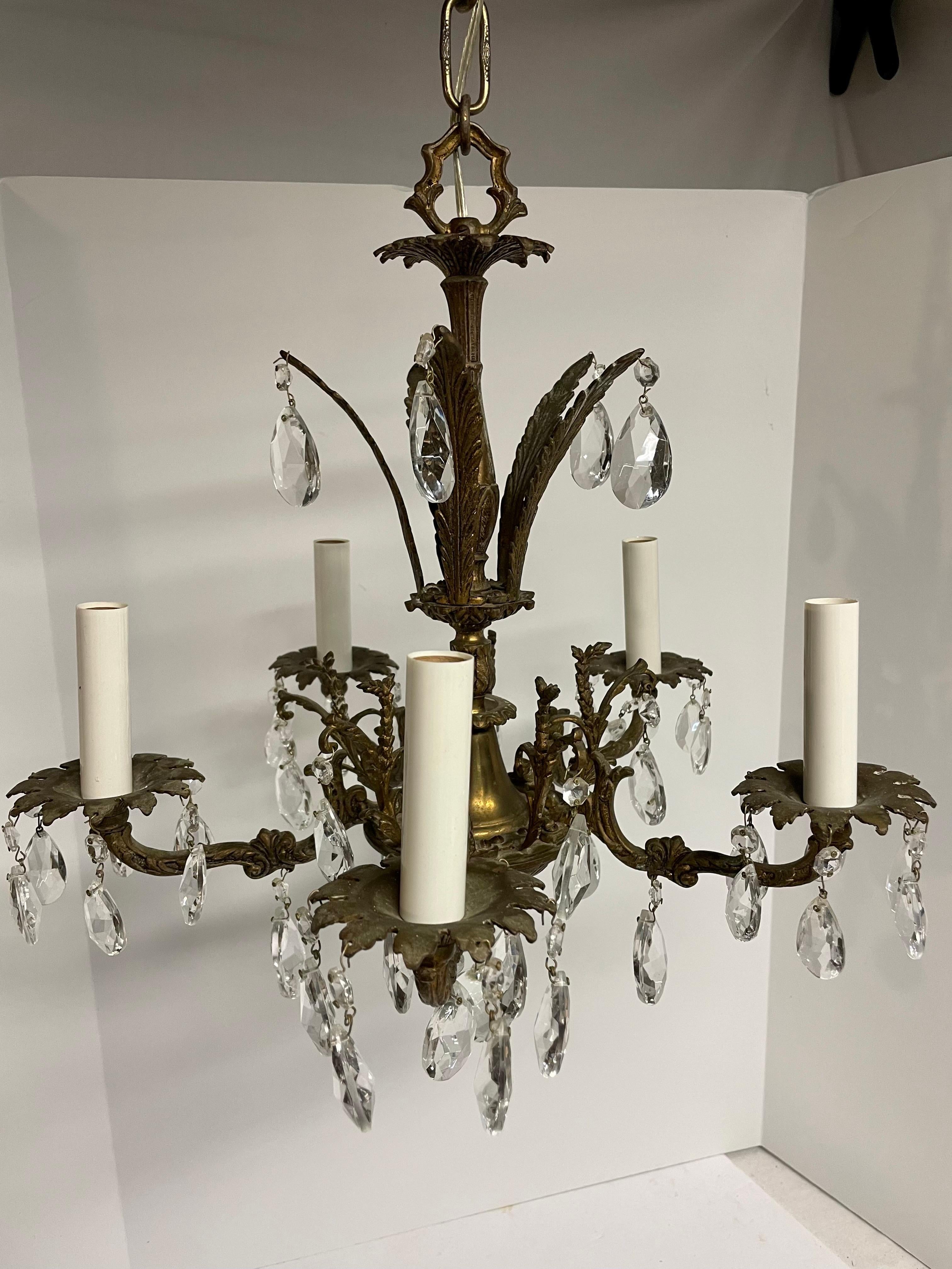 French Style Five Arm Bronze and Crystal Chandelier For Sale 3