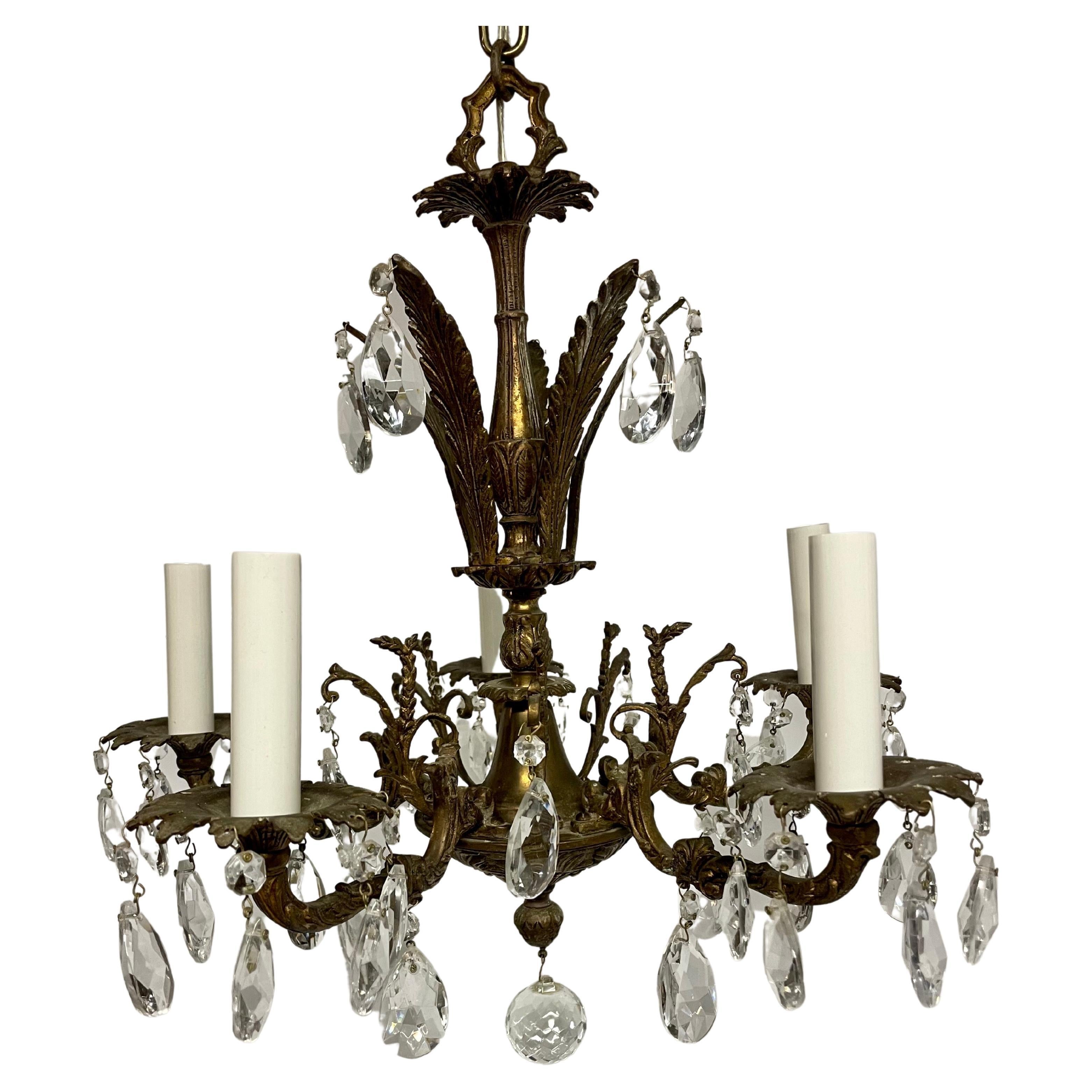 French Style Five Arm Bronze and Crystal Chandelier For Sale