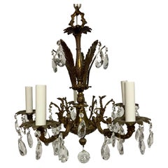 Vintage French Style Five Arm Bronze and Crystal Chandelier