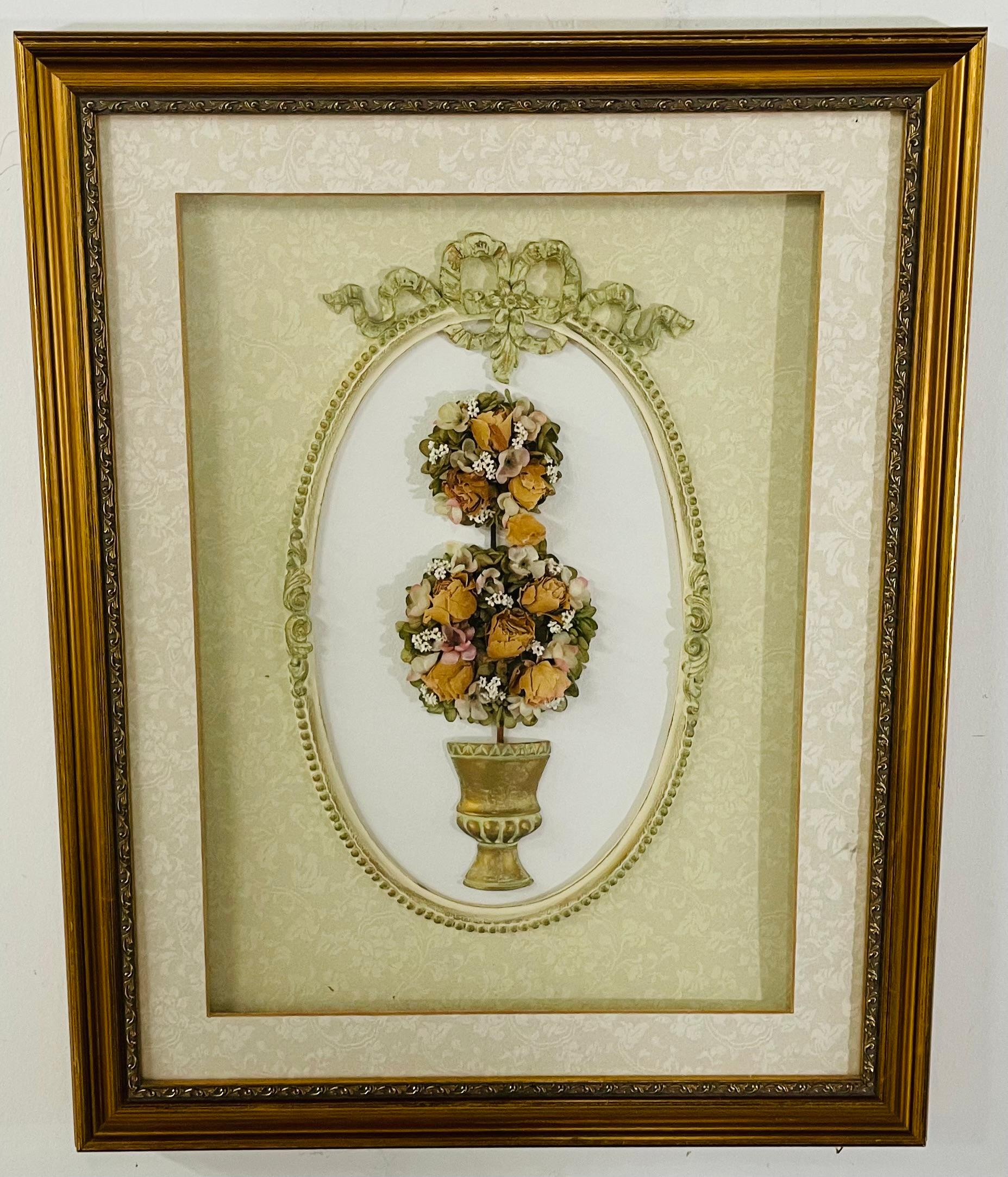 A lovely collage classic French style wall art, featuring a flower bouquet in a large vase or jardiniere presented in oval shaped surface with ribbon and bow decor in green. This art piece will look great in your bedroom, hallway bathroom and will