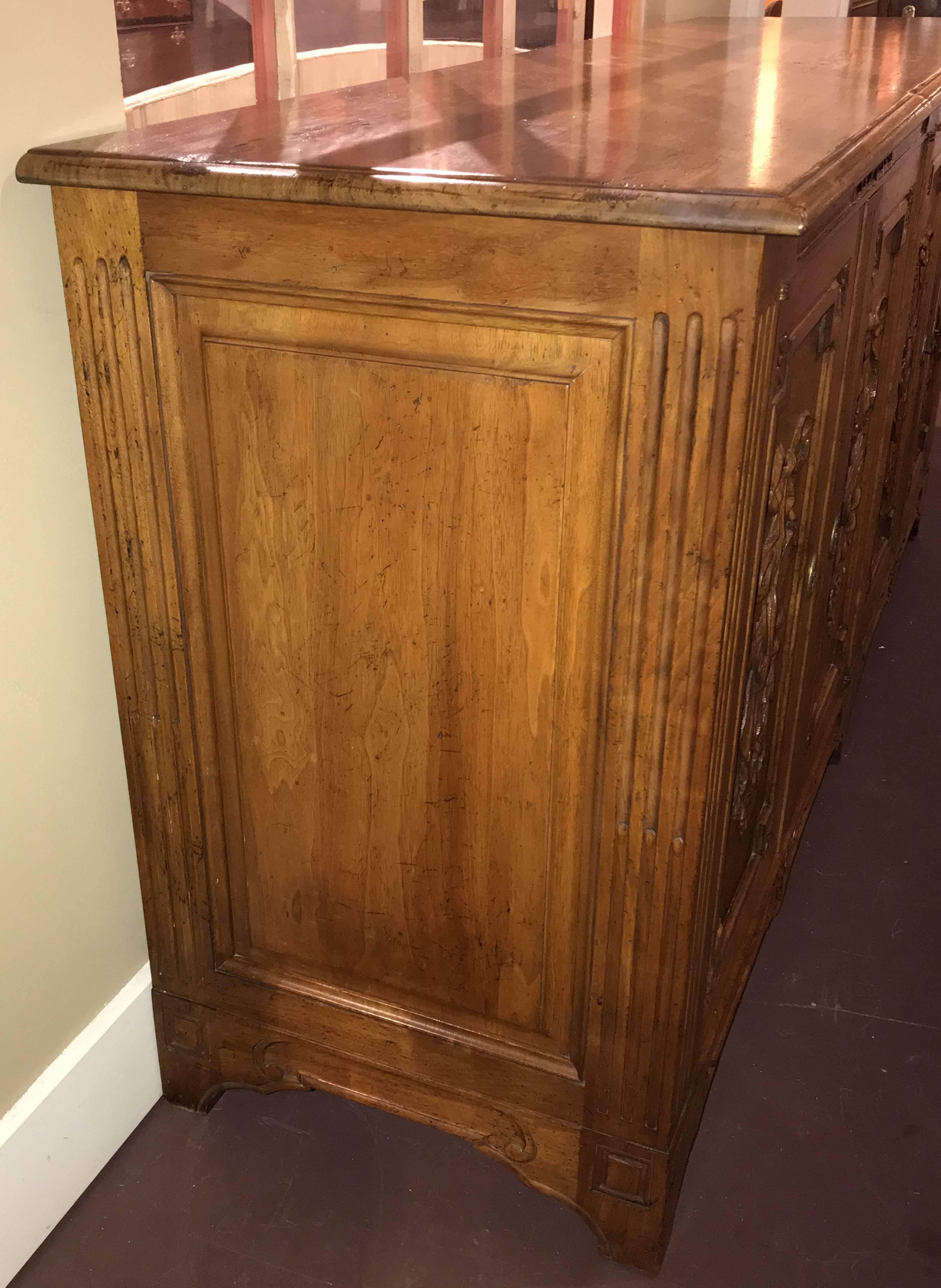 20th Century French Style Fruitwood Credenza or Server Sideboard with Ribbon Carved Doors