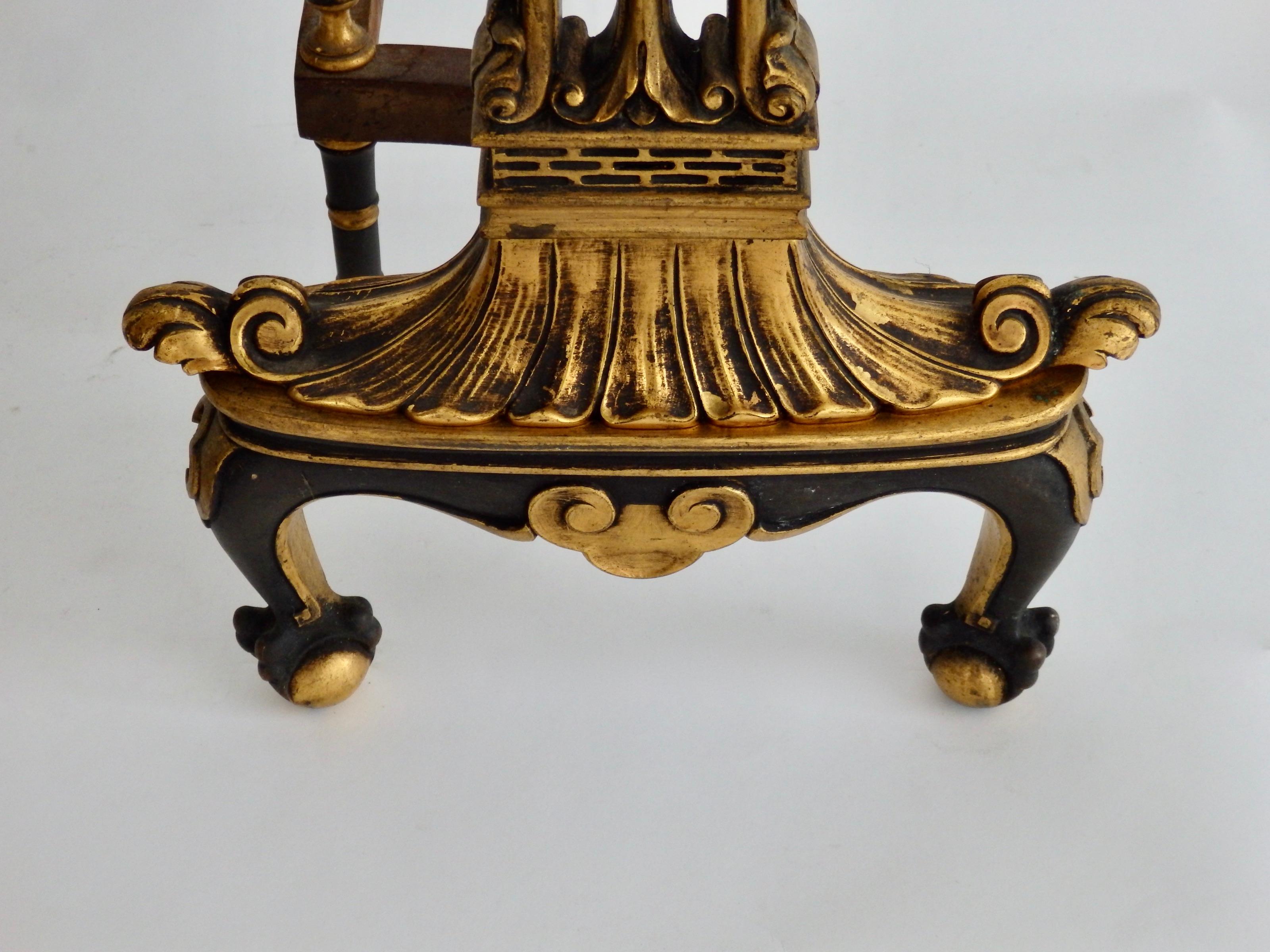 Cast French Style Gilded Bronze Fireplace Andirons For Sale