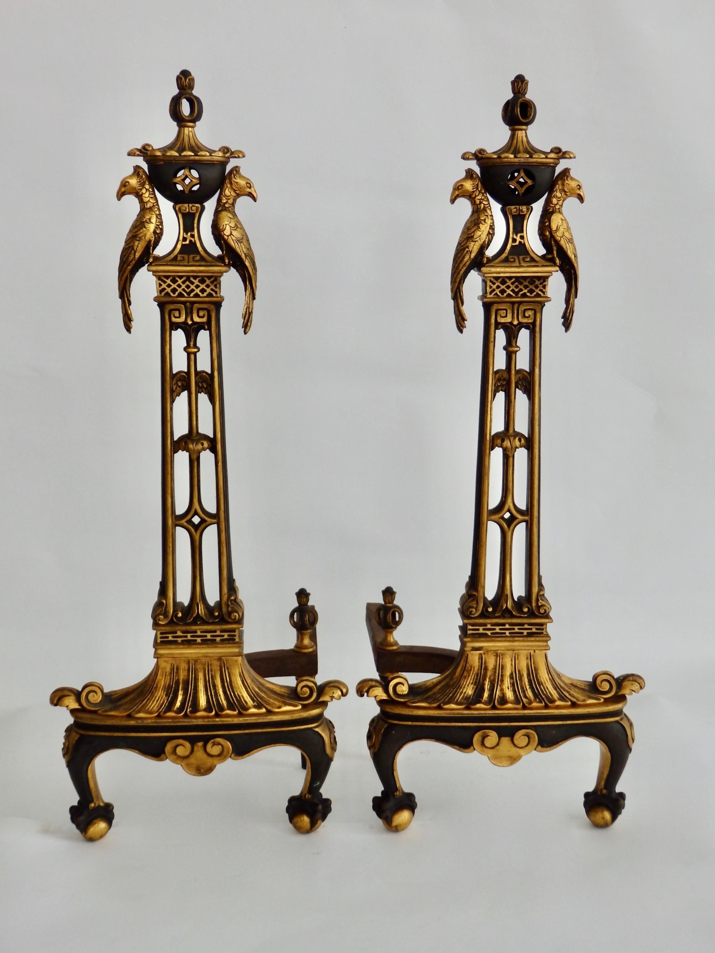 20th Century French Style Gilded Bronze Fireplace Andirons For Sale