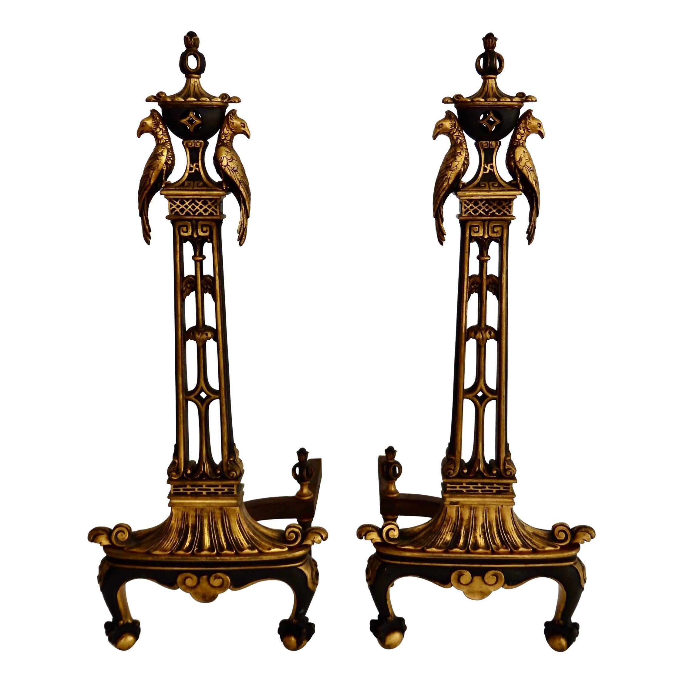 French Style Gilded Bronze Fireplace Andirons