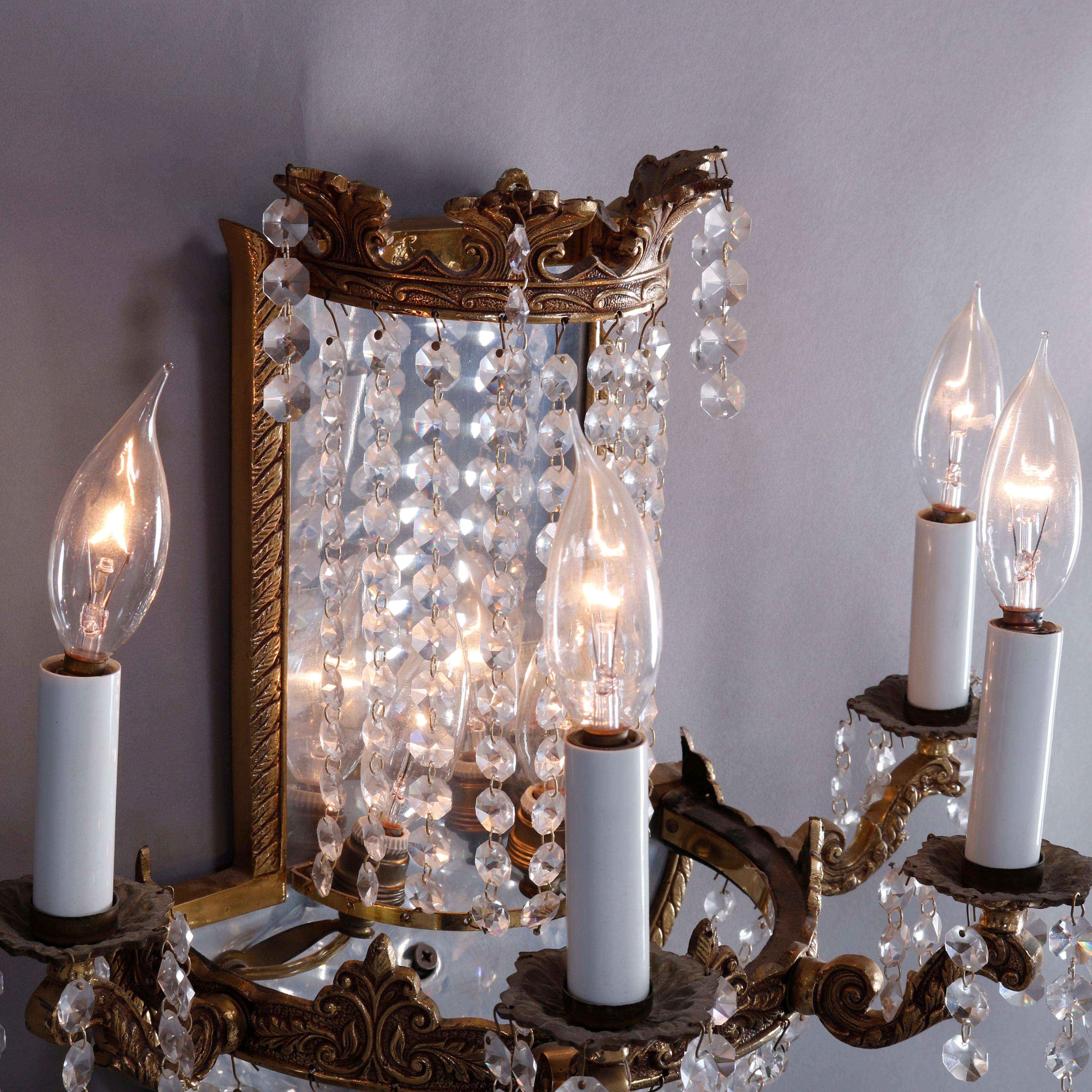 French Style Gilt Bronze & Crystal Four-Light & Mirrored Wall Sconces, 20th C 3