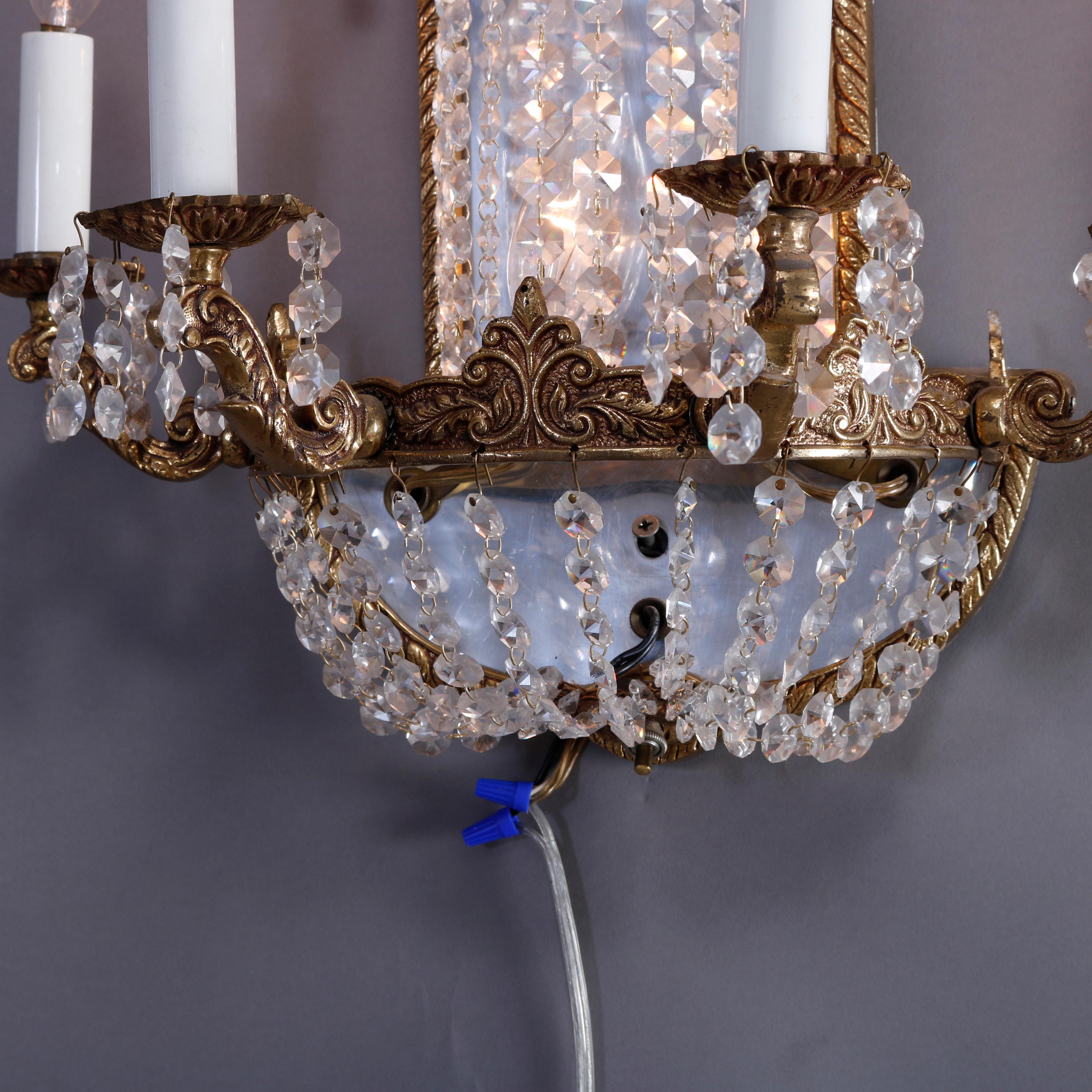 French Style Gilt Bronze & Crystal Four-Light & Mirrored Wall Sconces, 20th C 4