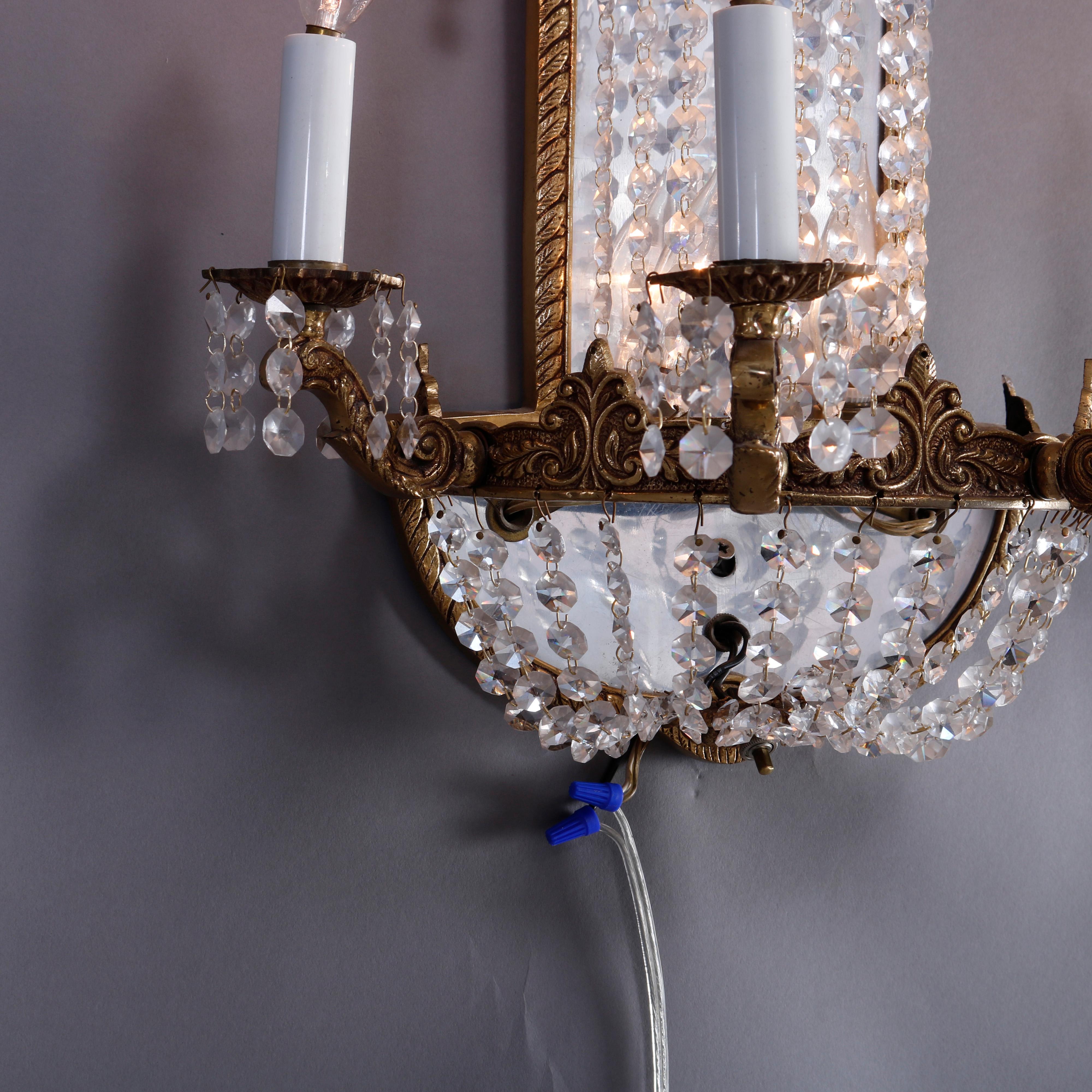 French Style Gilt Bronze & Crystal Four-Light & Mirrored Wall Sconces, 20th C 5