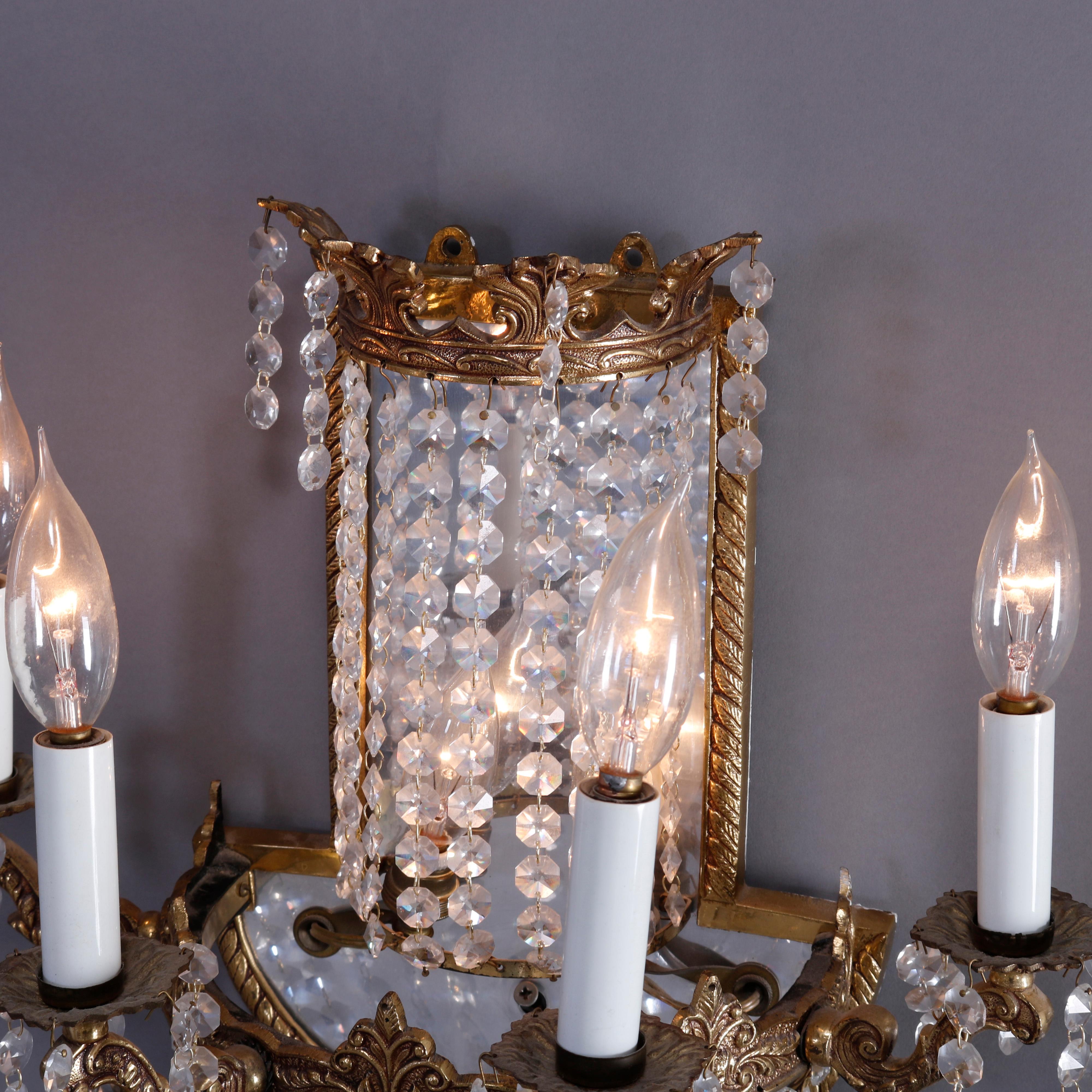 French Style Gilt Bronze & Crystal Four-Light & Mirrored Wall Sconces, 20th C 6