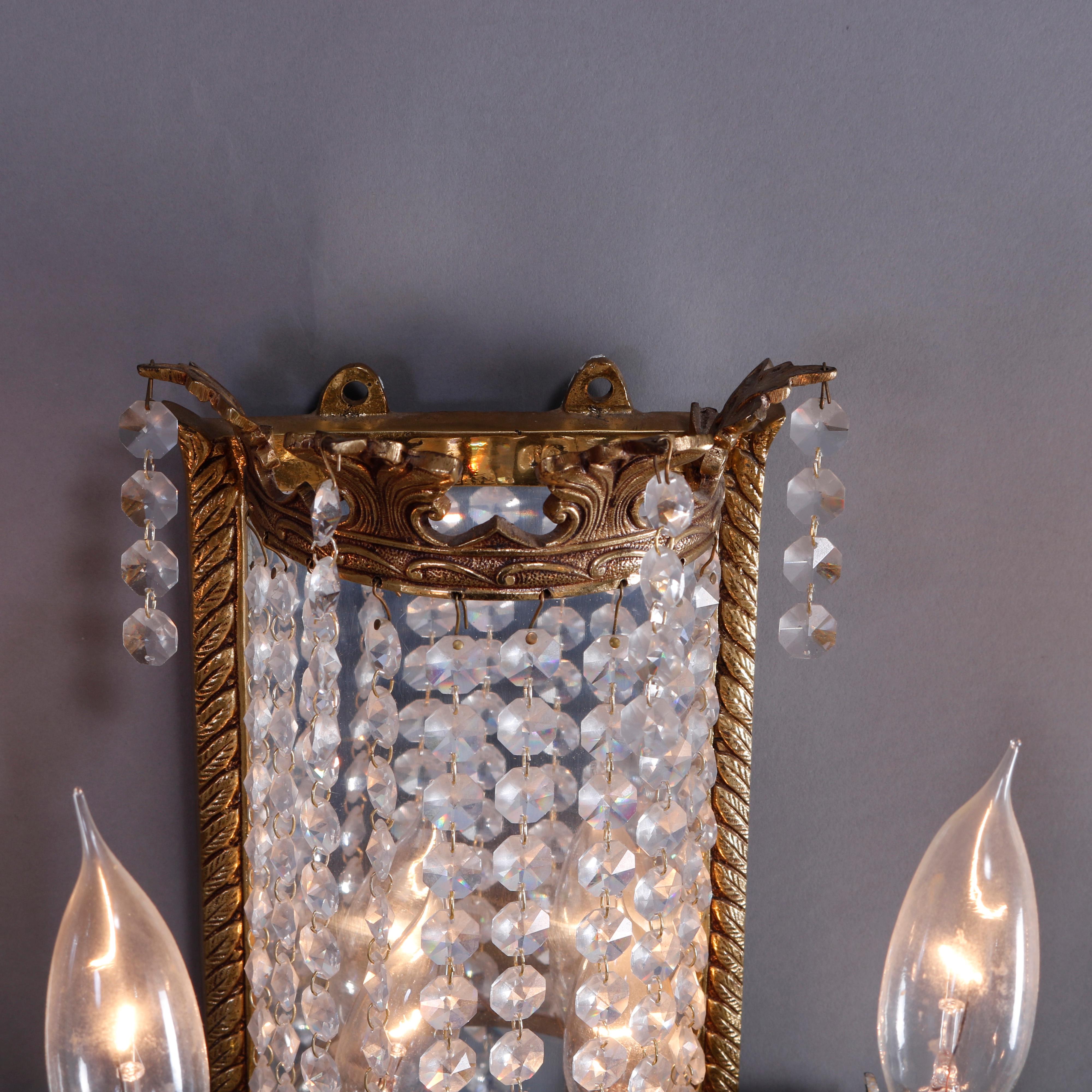 French Style Gilt Bronze & Crystal Four-Light & Mirrored Wall Sconces, 20th C 7