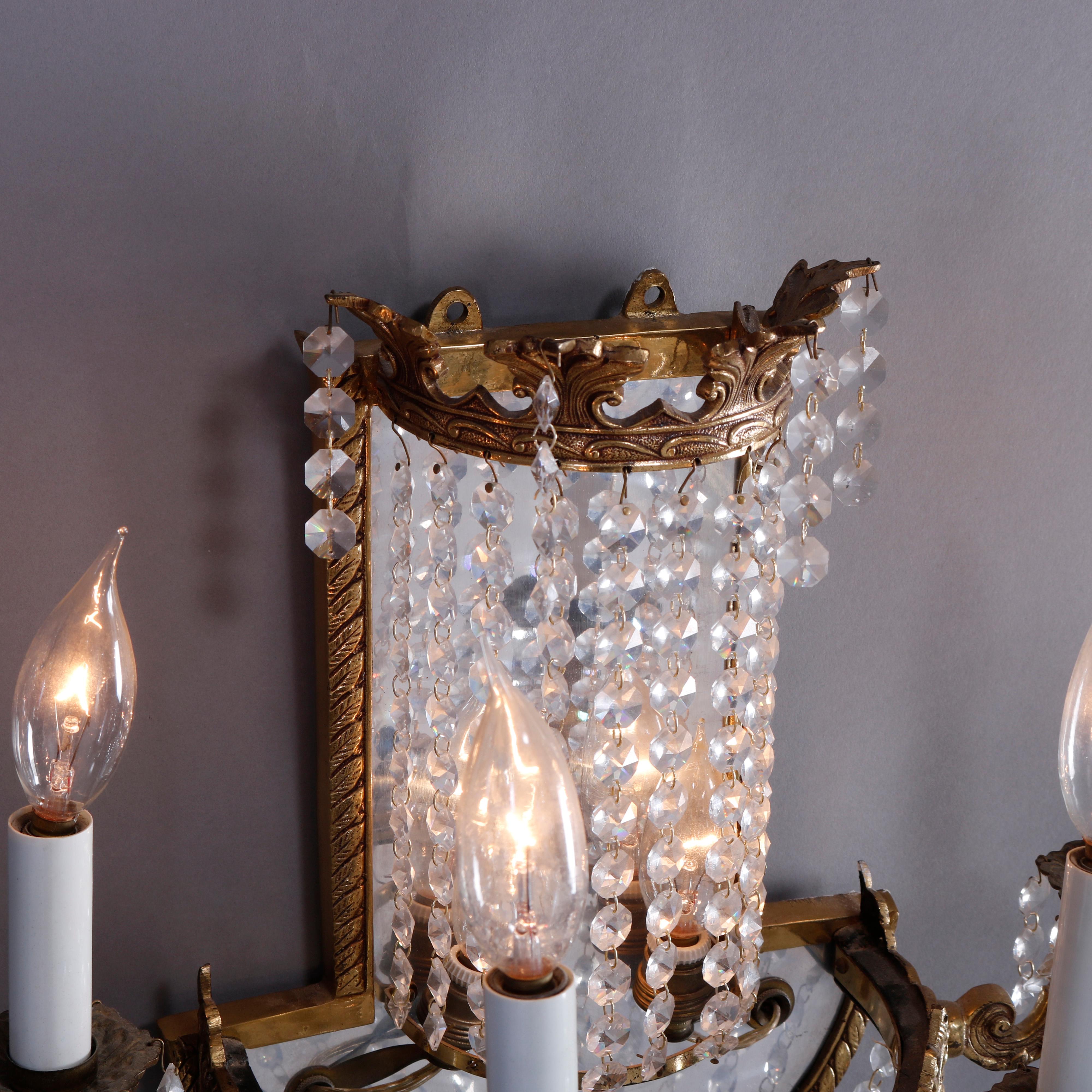 French Style Gilt Bronze & Crystal Four-Light & Mirrored Wall Sconces, 20th C 8