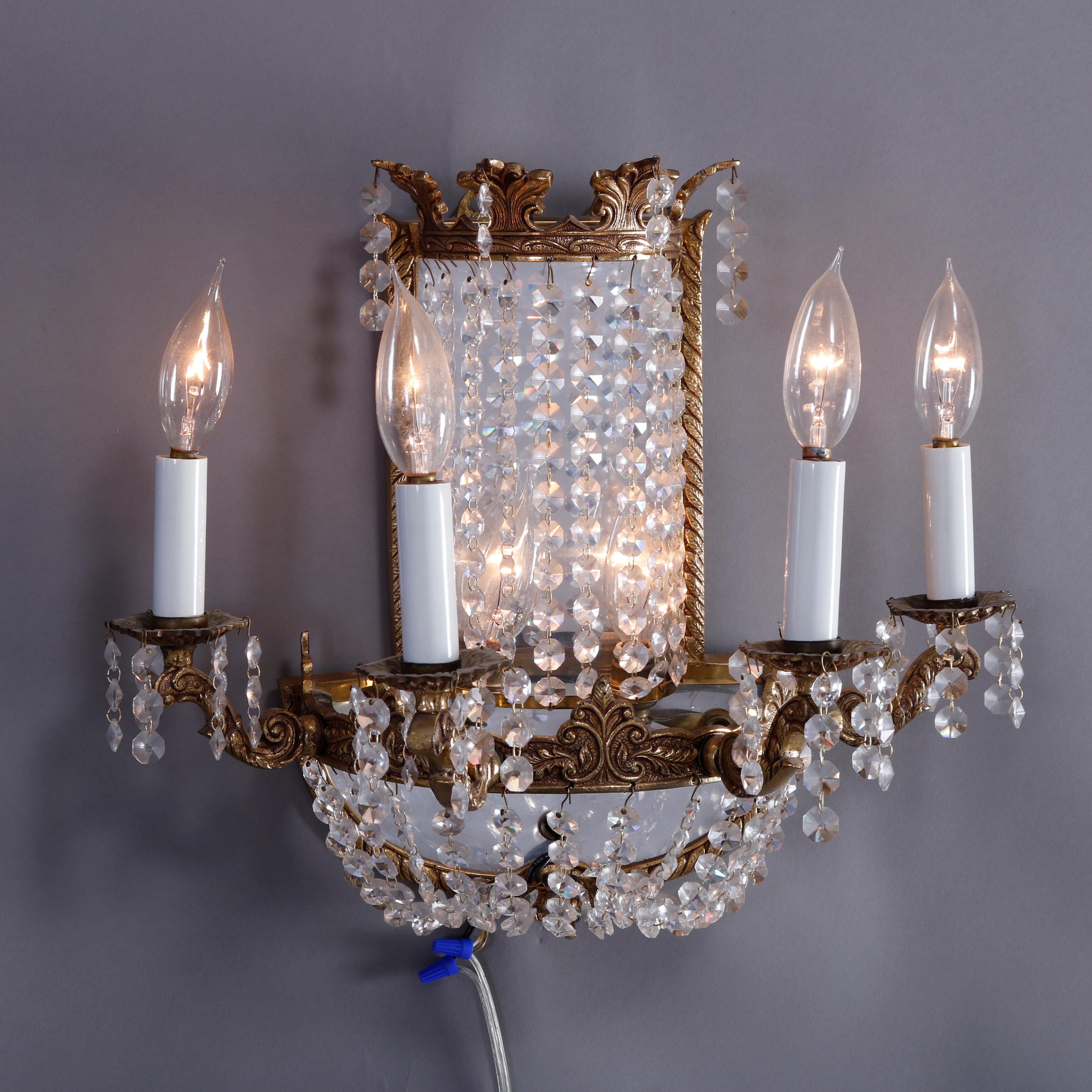 American French Style Gilt Bronze & Crystal Four-Light & Mirrored Wall Sconces, 20th C