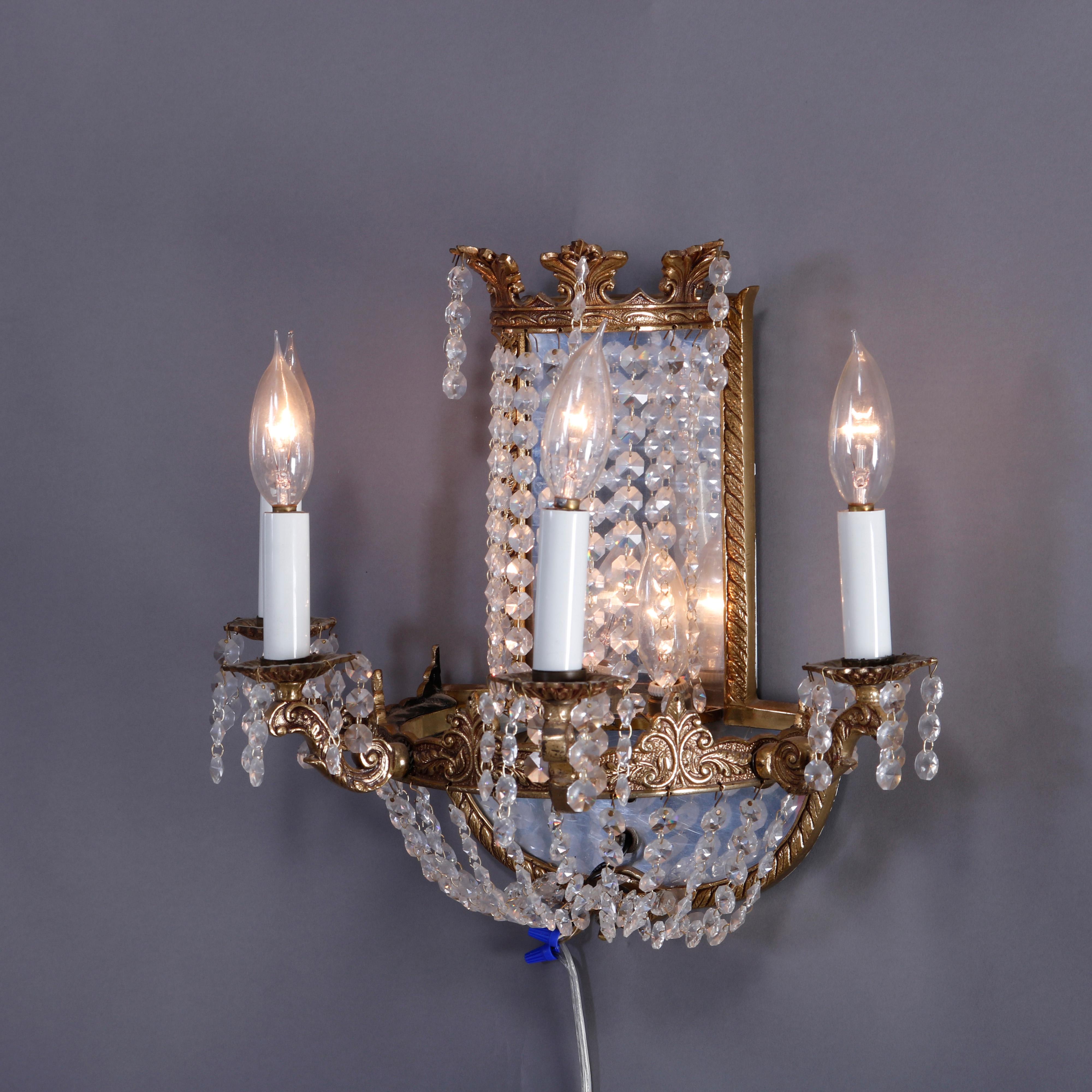Cast French Style Gilt Bronze & Crystal Four-Light & Mirrored Wall Sconces, 20th C