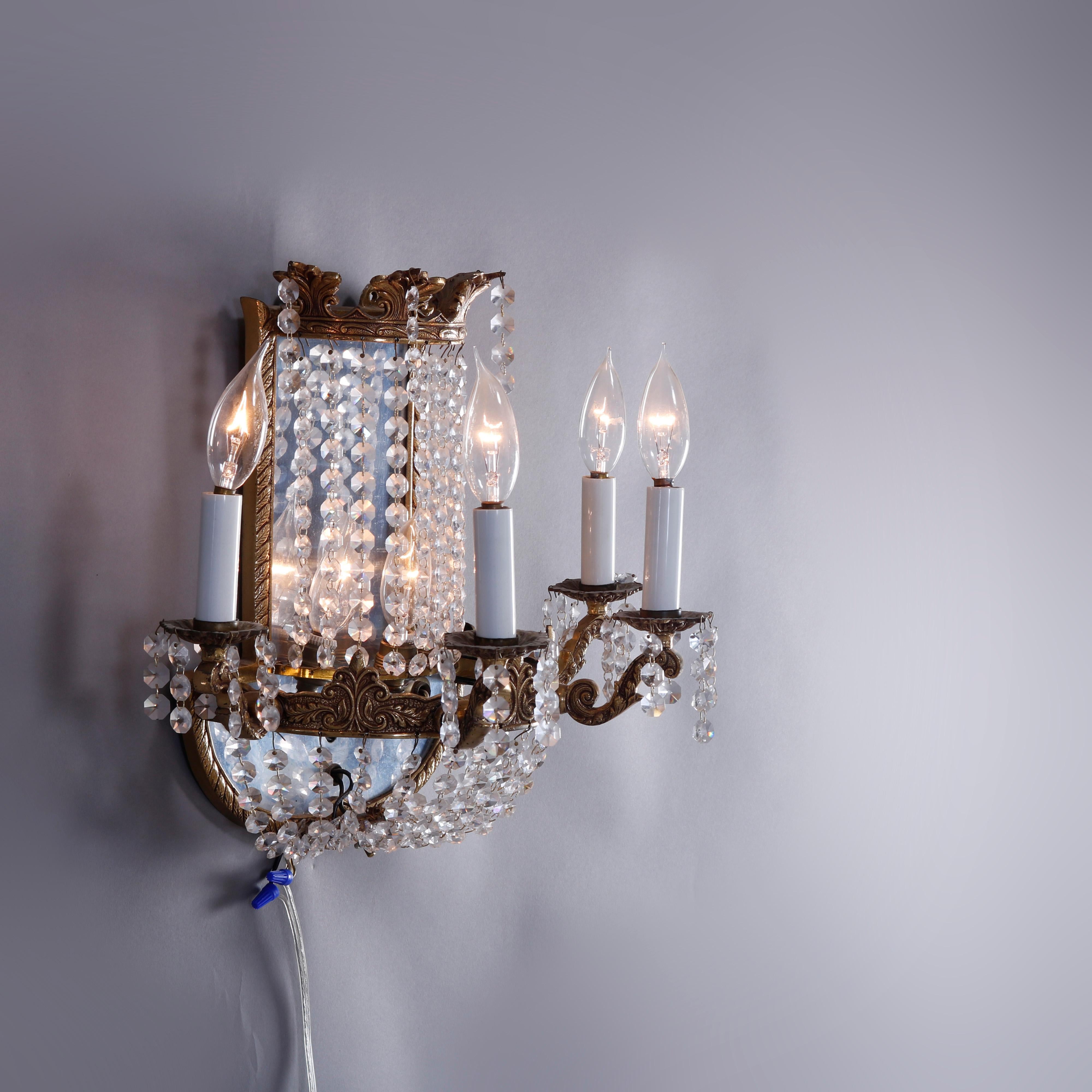 French Style Gilt Bronze & Crystal Four-Light & Mirrored Wall Sconces, 20th C In Good Condition In Big Flats, NY