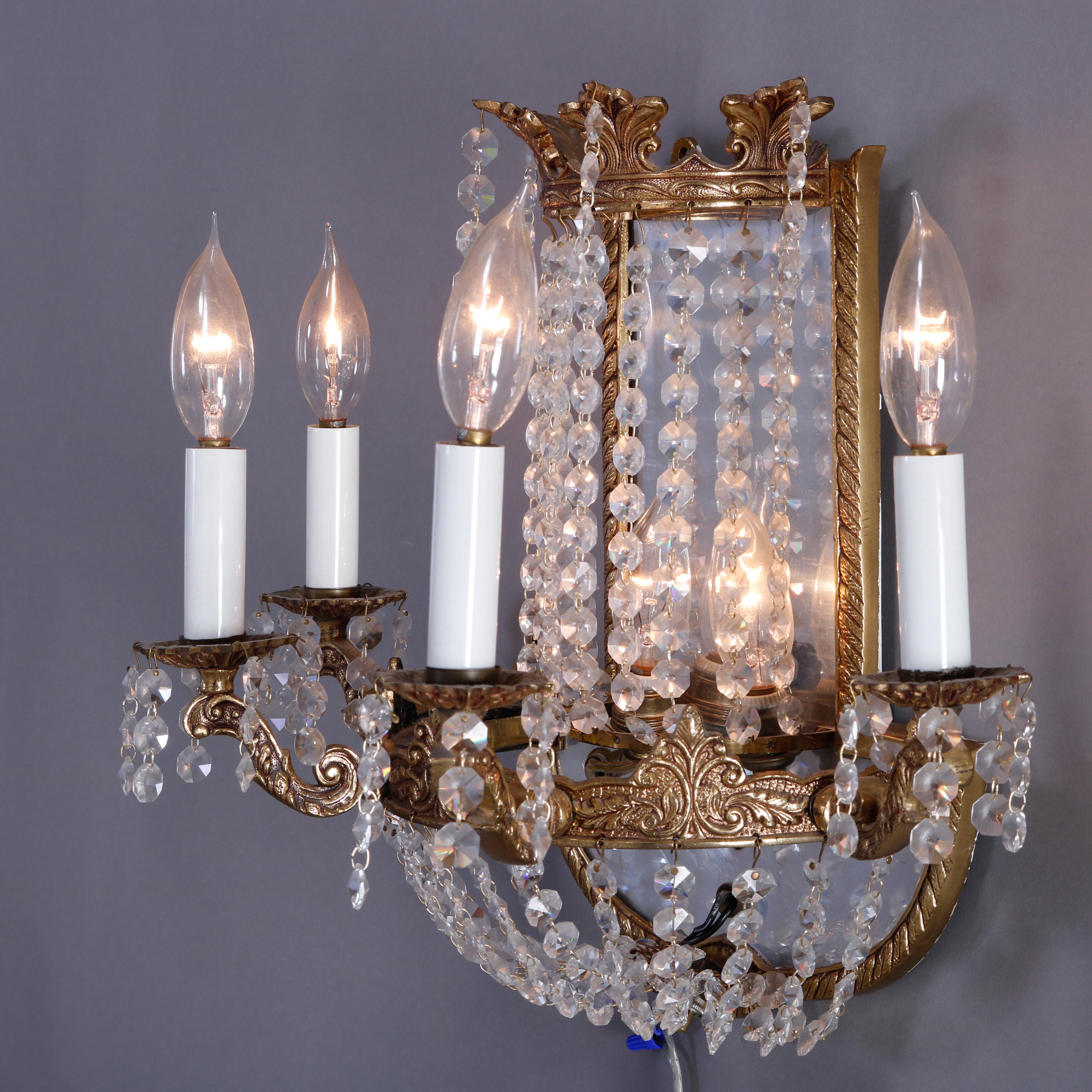 20th Century French Style Gilt Bronze & Crystal Four-Light & Mirrored Wall Sconces, 20th C