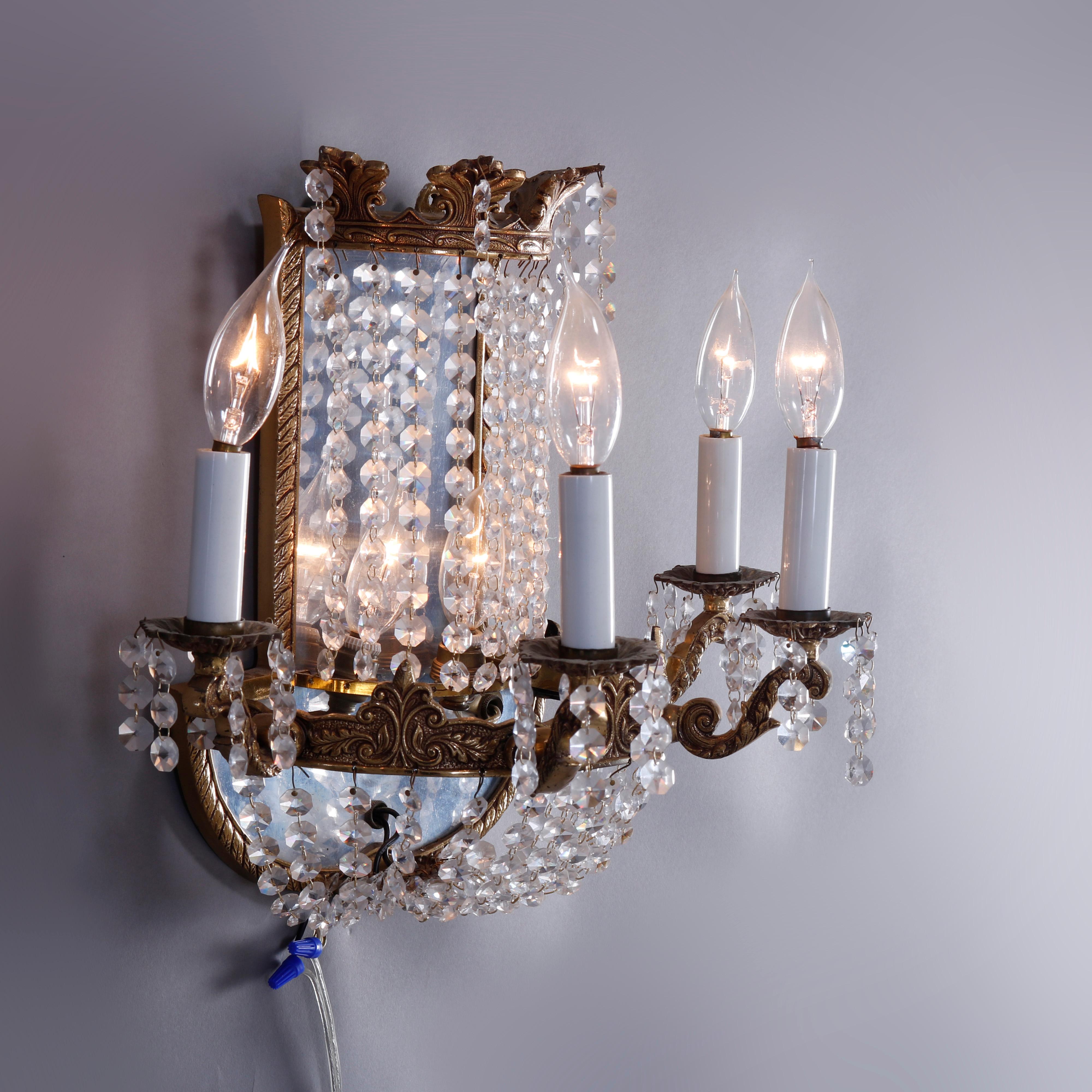 French Style Gilt Bronze & Crystal Four-Light & Mirrored Wall Sconces, 20th C 1