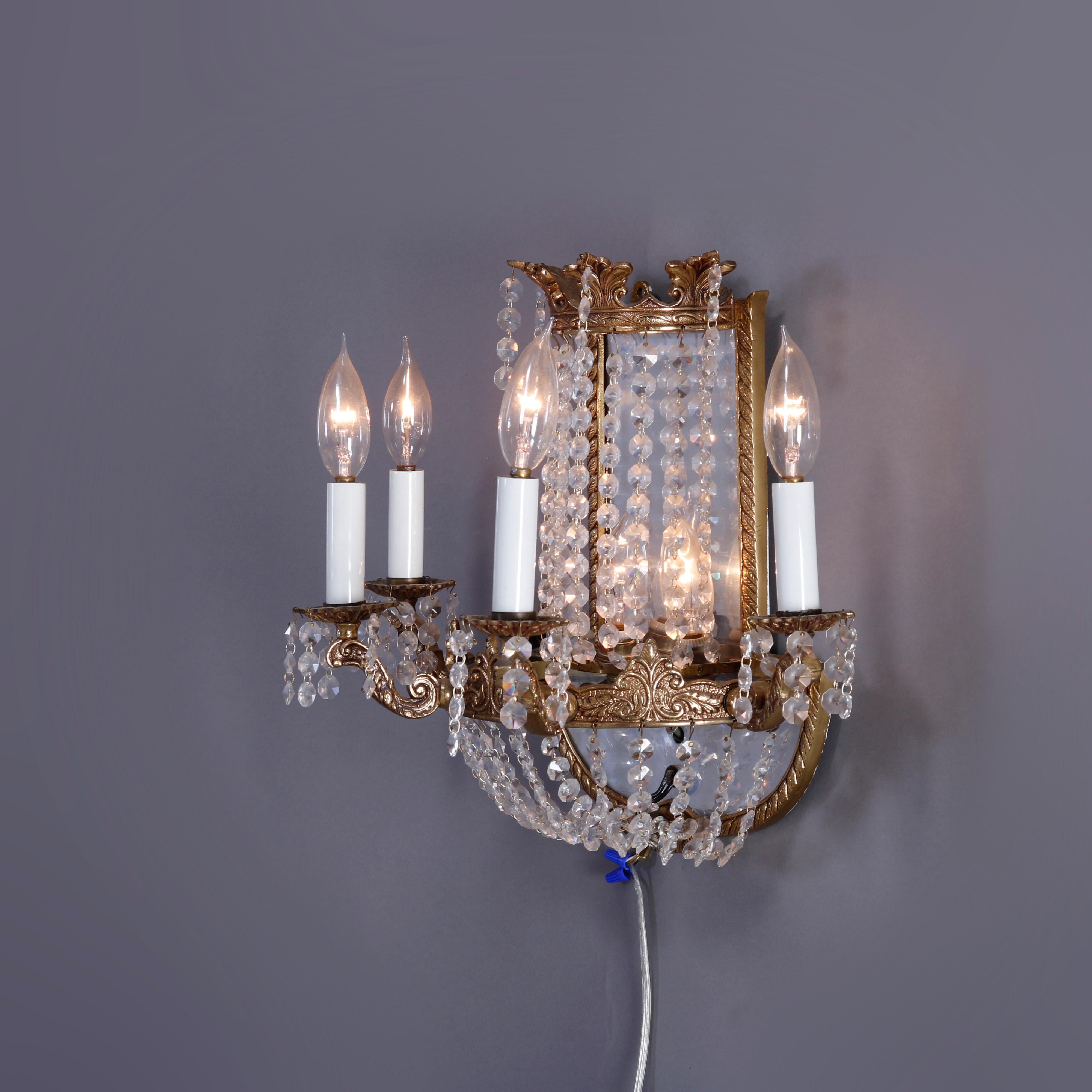 French Style Gilt Bronze & Crystal Four-Light & Mirrored Wall Sconces, 20th C 2