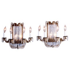 French Style Gilt Bronze & Crystal Four-Light & Mirrored Wall Sconces, 20th C