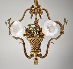 French Style Gilt Bronze Flower Basket Chandelier with Hand Painted Flowers