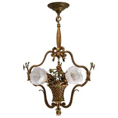 French Style Gilt Bronze Flower Basket Chandelier with Hand Painted Flowers