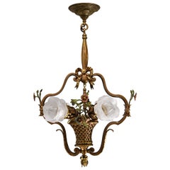 French Style Gilt Bronze Flower Basket Chandelier with Hand Painted Flowers