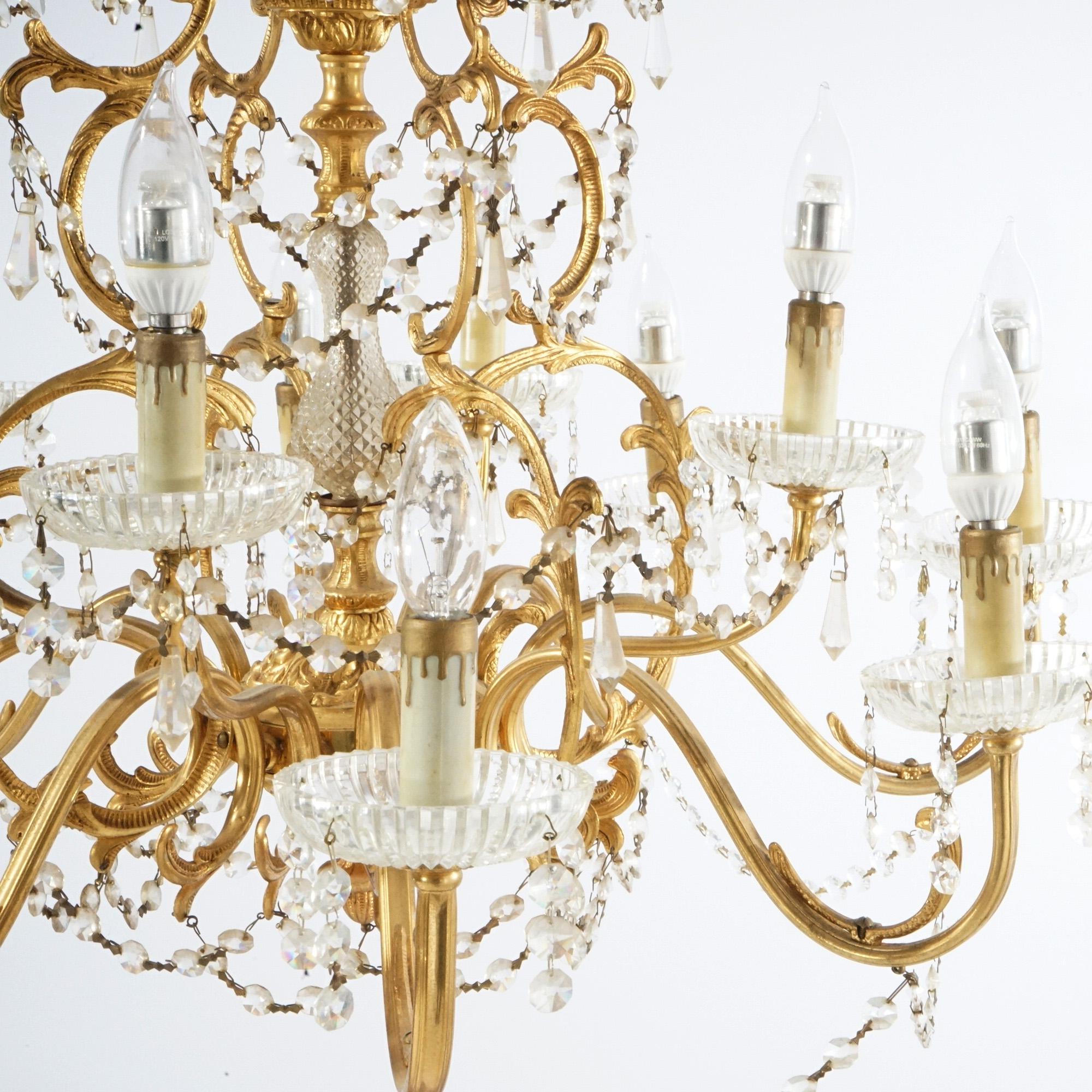 French Style Gilt & Crystal Twelve-Light Tiered Chandelier, Circa 1930 In Good Condition For Sale In Big Flats, NY