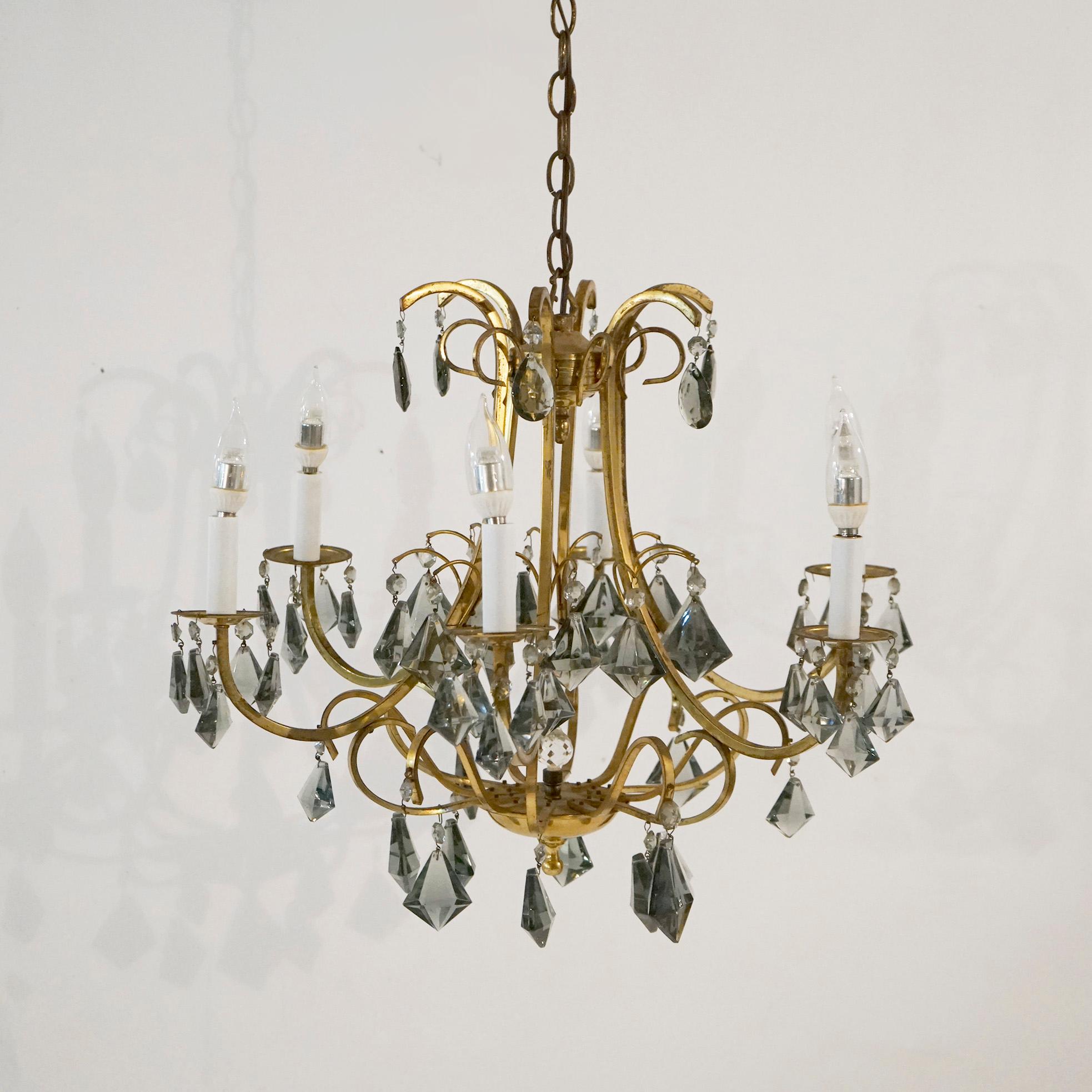 American French Style Gilt Metal & Cut Crystal Six Light Chandelier Circa 1930 For Sale