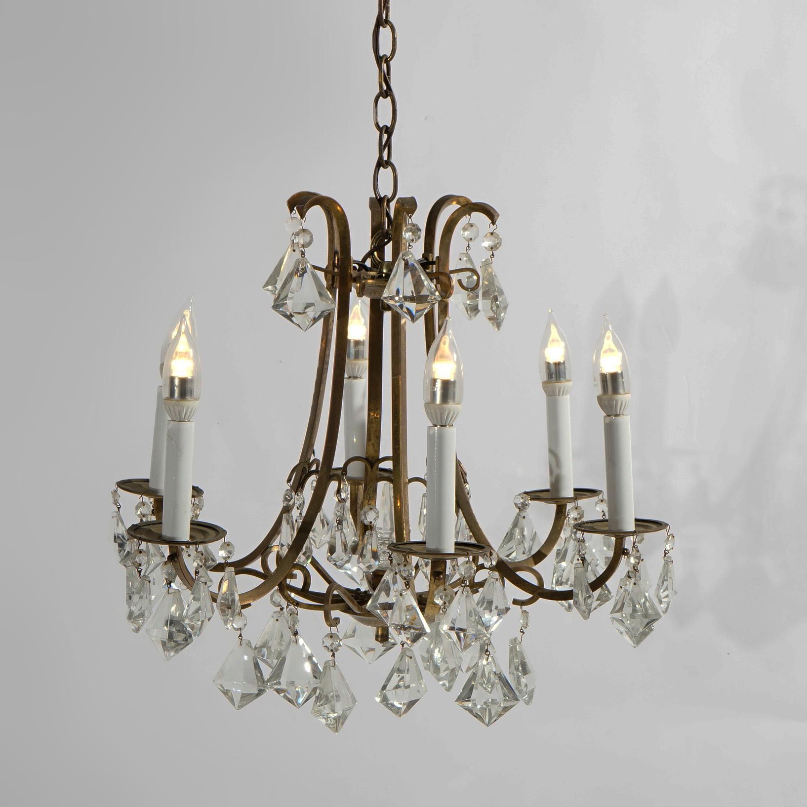 French Style Gilt Metal and Cut Crystal Six Light Chandelier Circa 1930