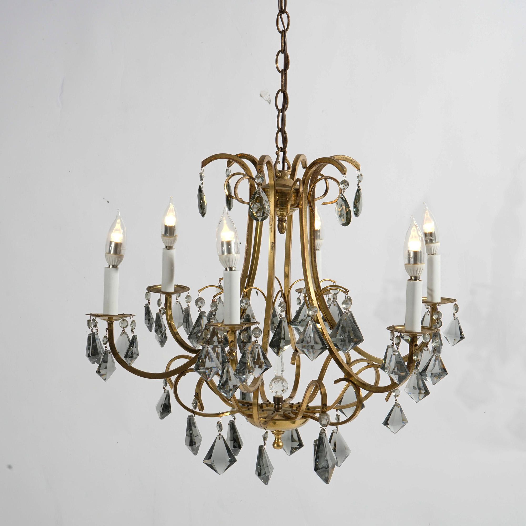 French Style Gilt Metal & Cut Crystal Six Light Chandelier Circa 1930 In Good Condition For Sale In Big Flats, NY