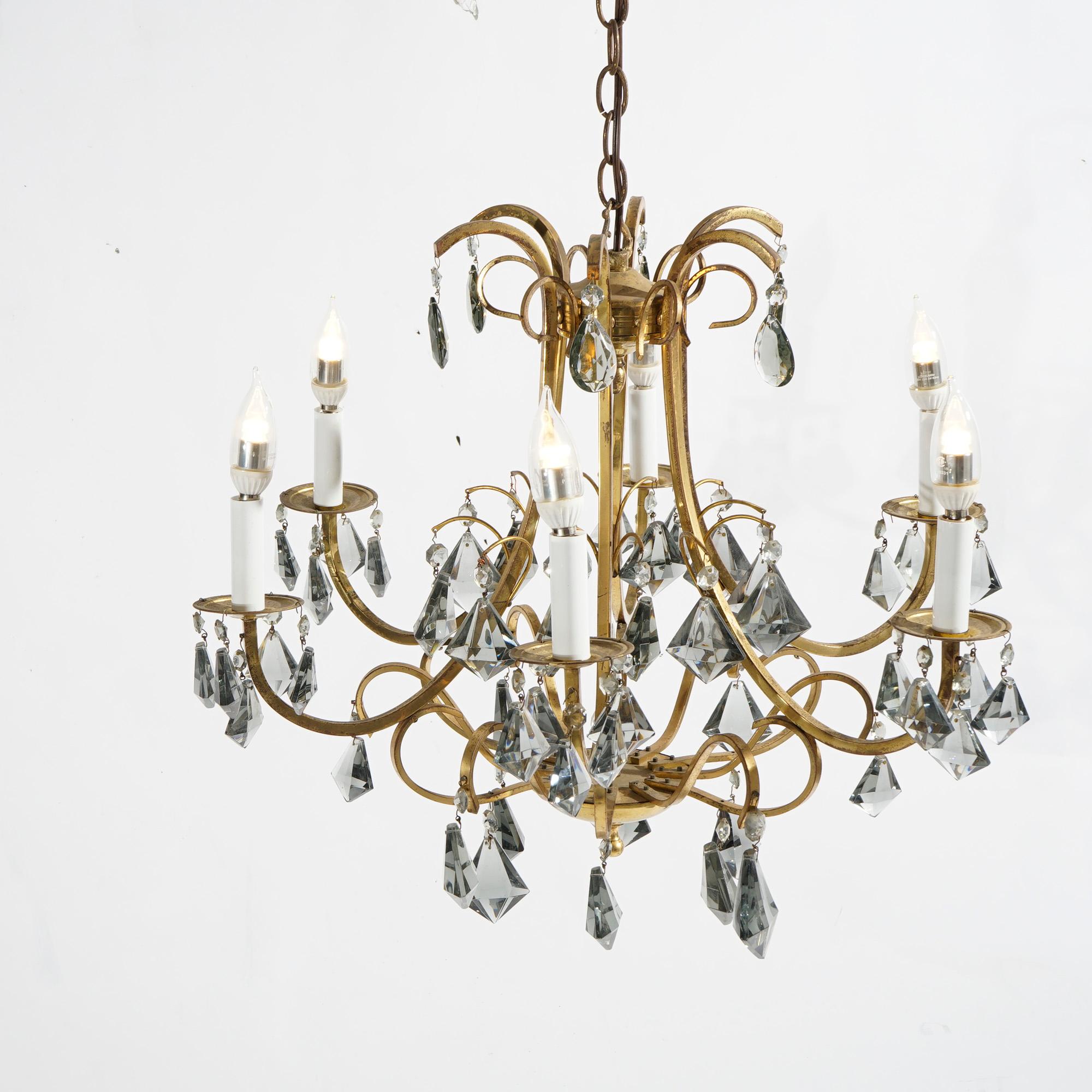 20th Century French Style Gilt Metal & Cut Crystal Six Light Chandelier Circa 1930 For Sale