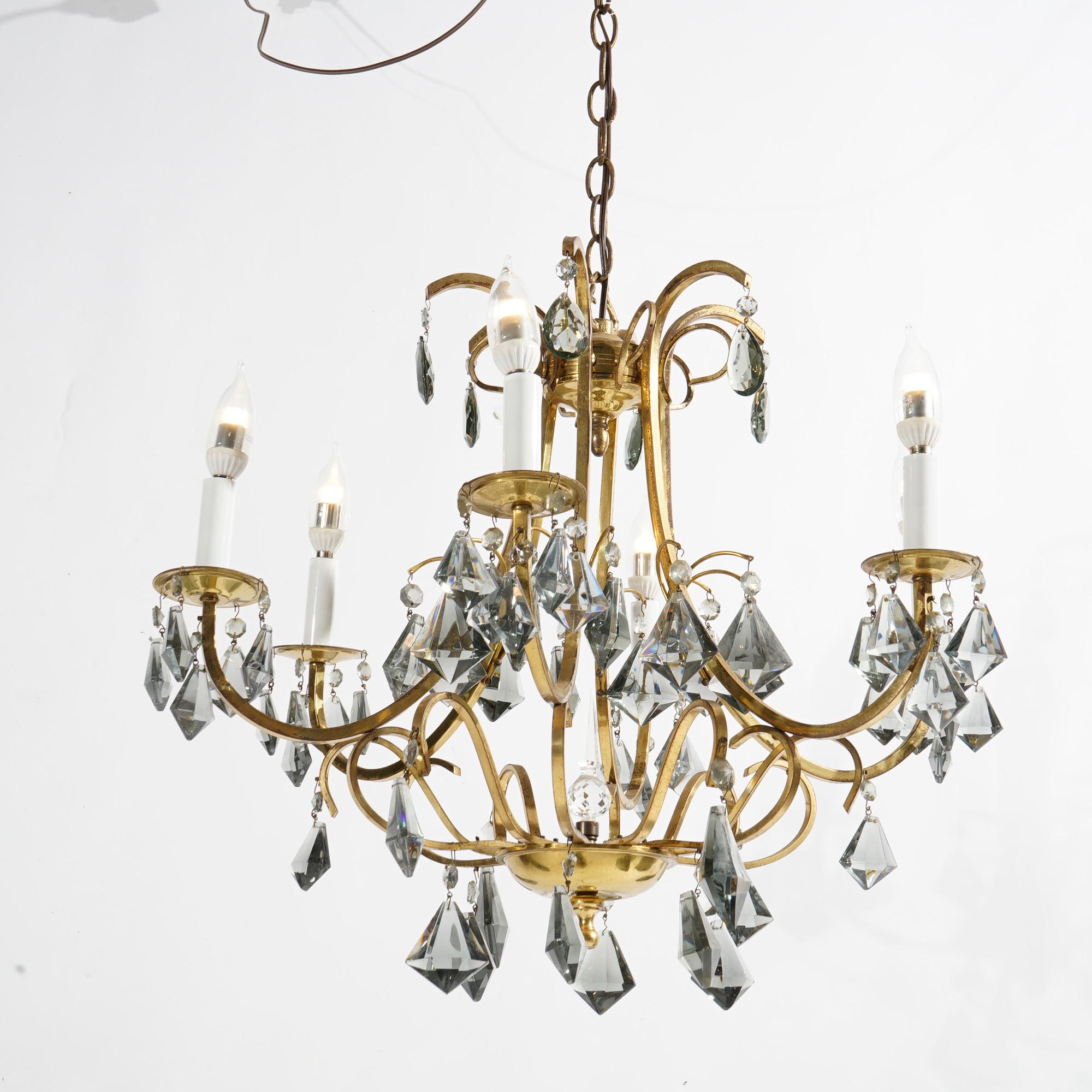 French Style Gilt Metal & Cut Crystal Six Light Chandelier Circa 1930 For Sale 1