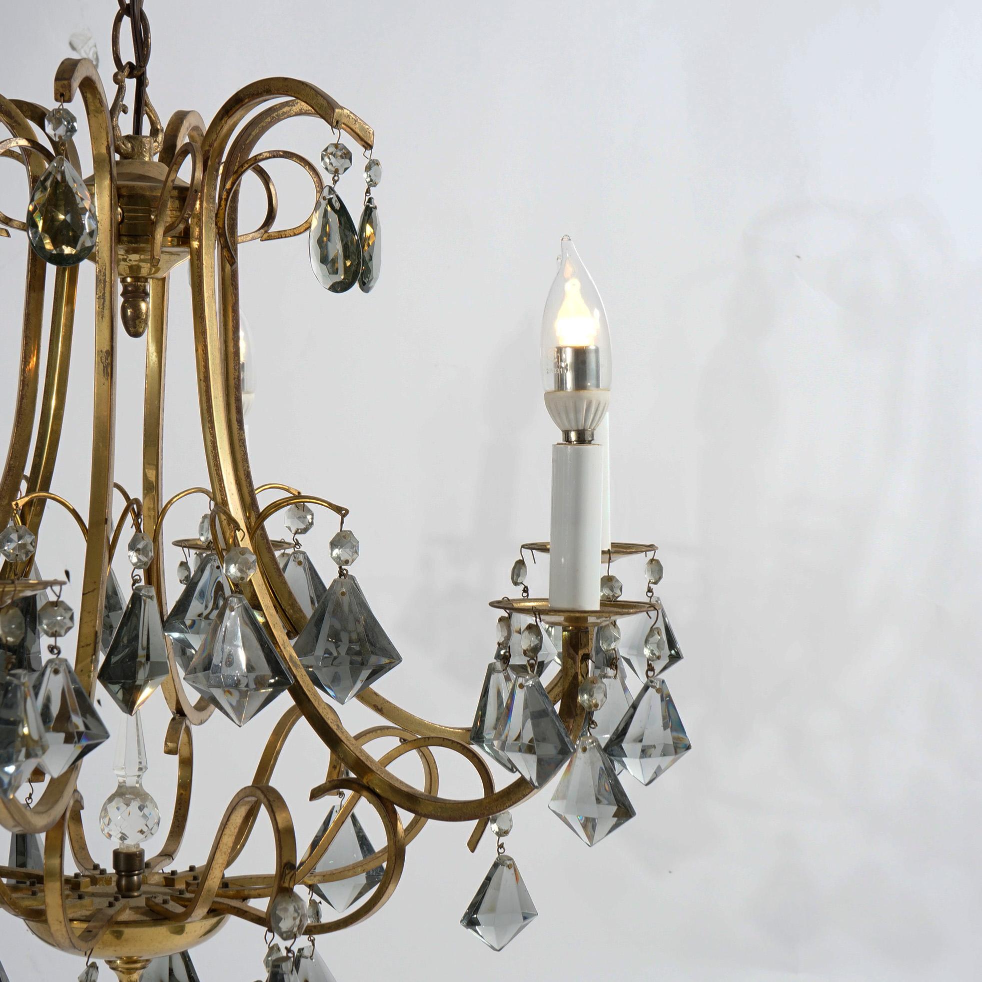 French Style Gilt Metal & Cut Crystal Six Light Chandelier Circa 1930 For Sale 2