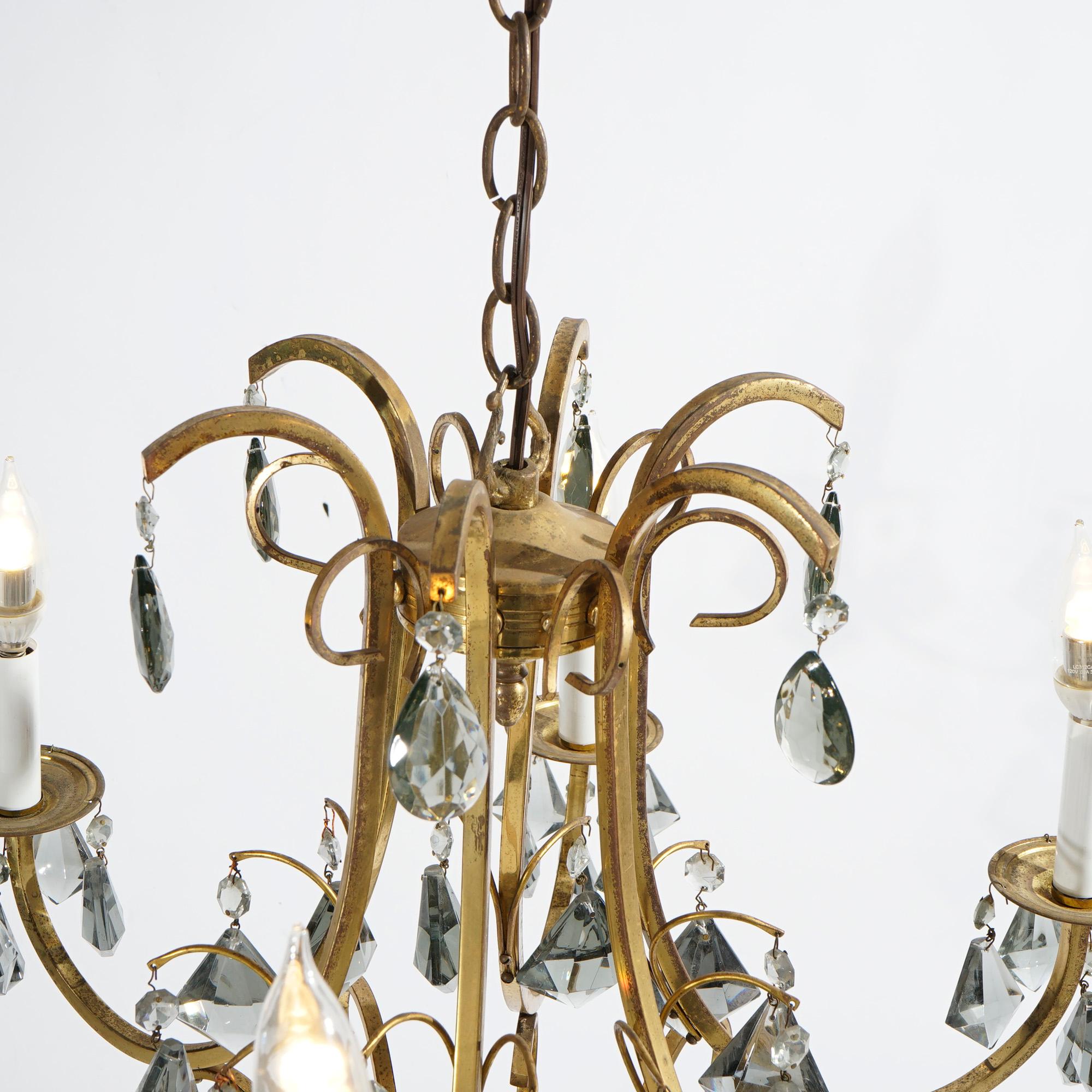 French Style Gilt Metal & Cut Crystal Six Light Chandelier Circa 1930 For Sale 3