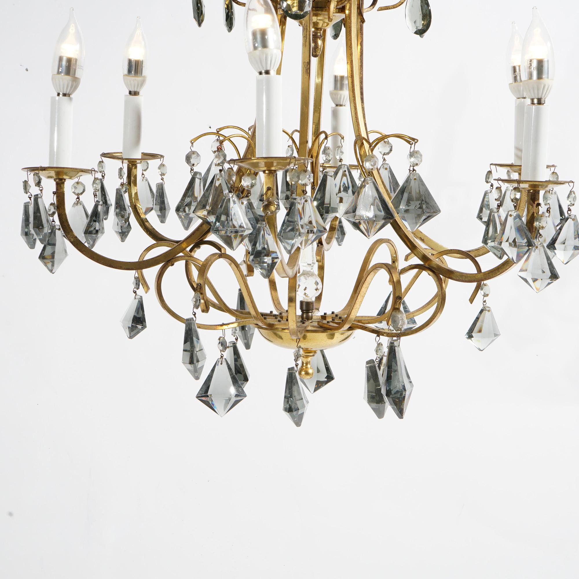 French Style Gilt Metal & Cut Crystal Six Light Chandelier Circa 1930 For Sale 4