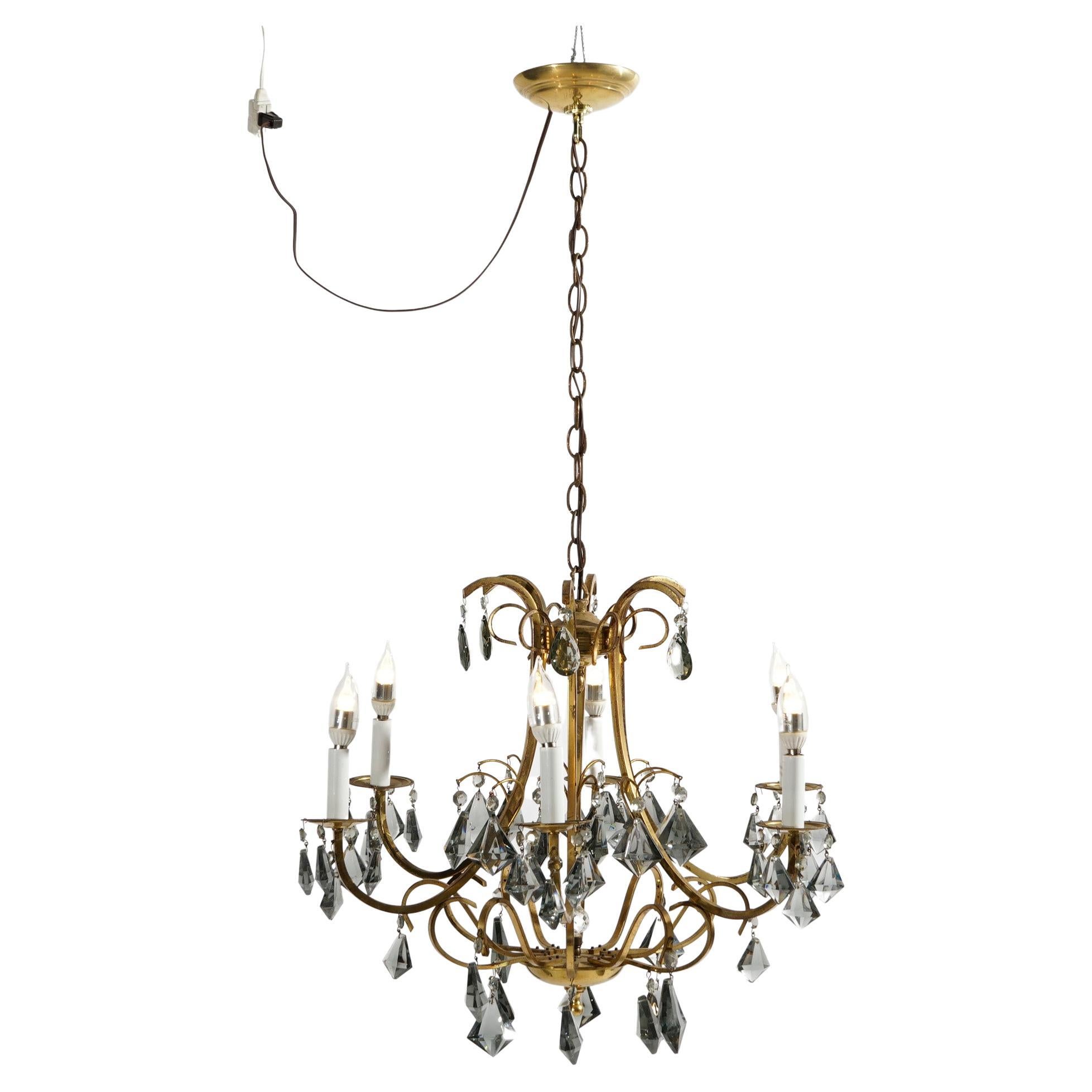 French Style Gilt Metal & Cut Crystal Six Light Chandelier Circa 1930 For Sale