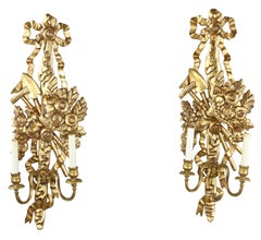 French Style Giltwood Wall Sconces with Bow and Swag Decoration, 20th Century
