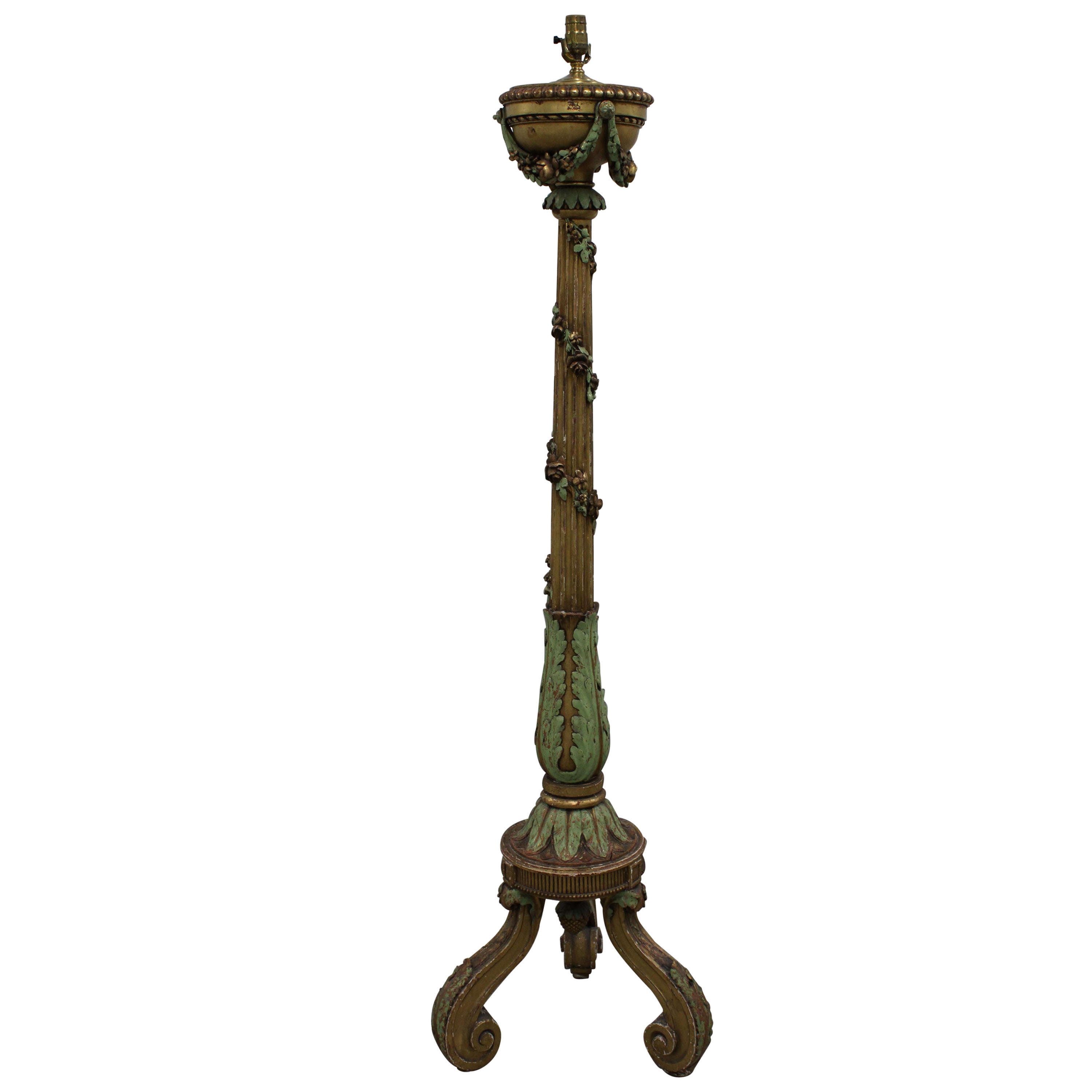 French Style Hand Carved & Gilded Column Torchiere w/ Garland For Sale