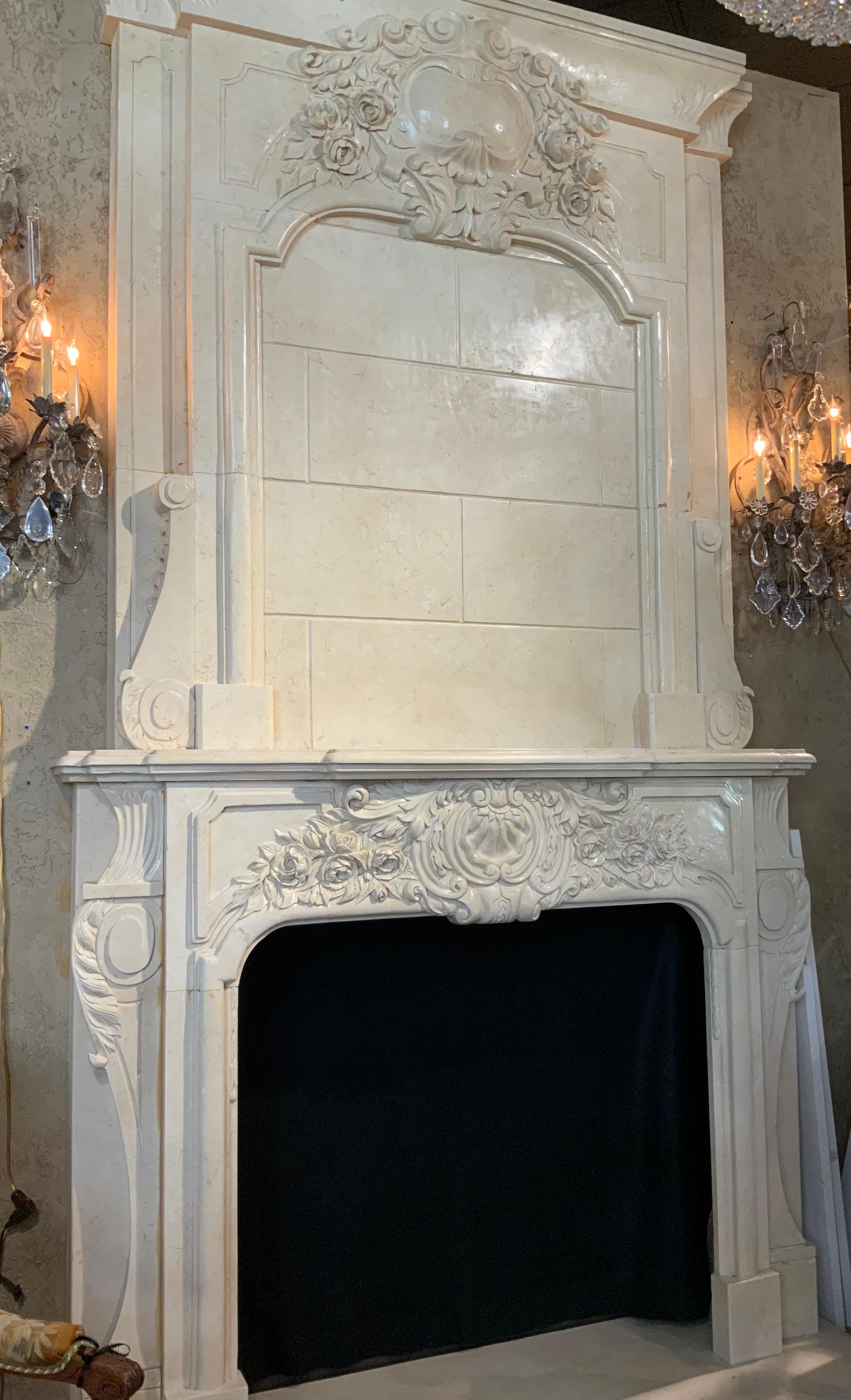 Hand-Carved French Style Hand Carved White Marble Mantel For Sale