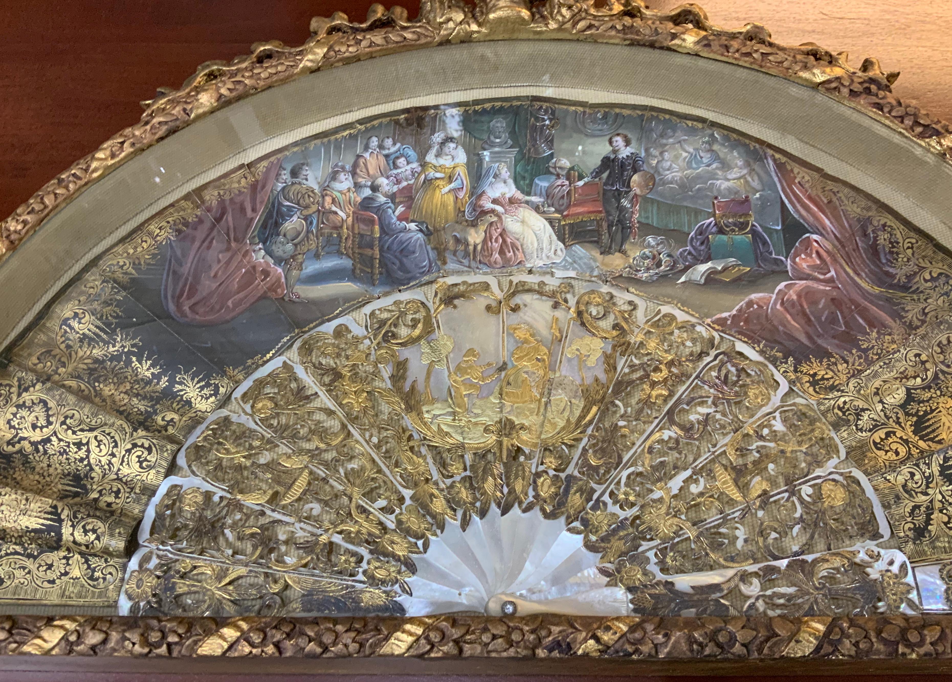 Hand-Crafted French Style Hand Painted Gilt Mother of Pearls Fan Shadow Box