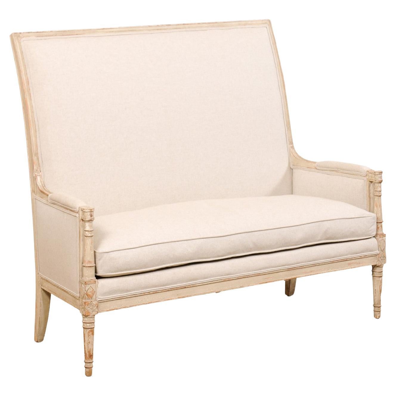 French Style High-Back Upholstered Settee W/New Belgian Linen Upholstery For Sale