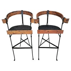 French Style Iron and Bamboo Wicker Barstools, a Pair