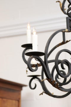 French Style Iron Chandelier with 8 Lights & Gilt Acanthus Leaves, Reproduction