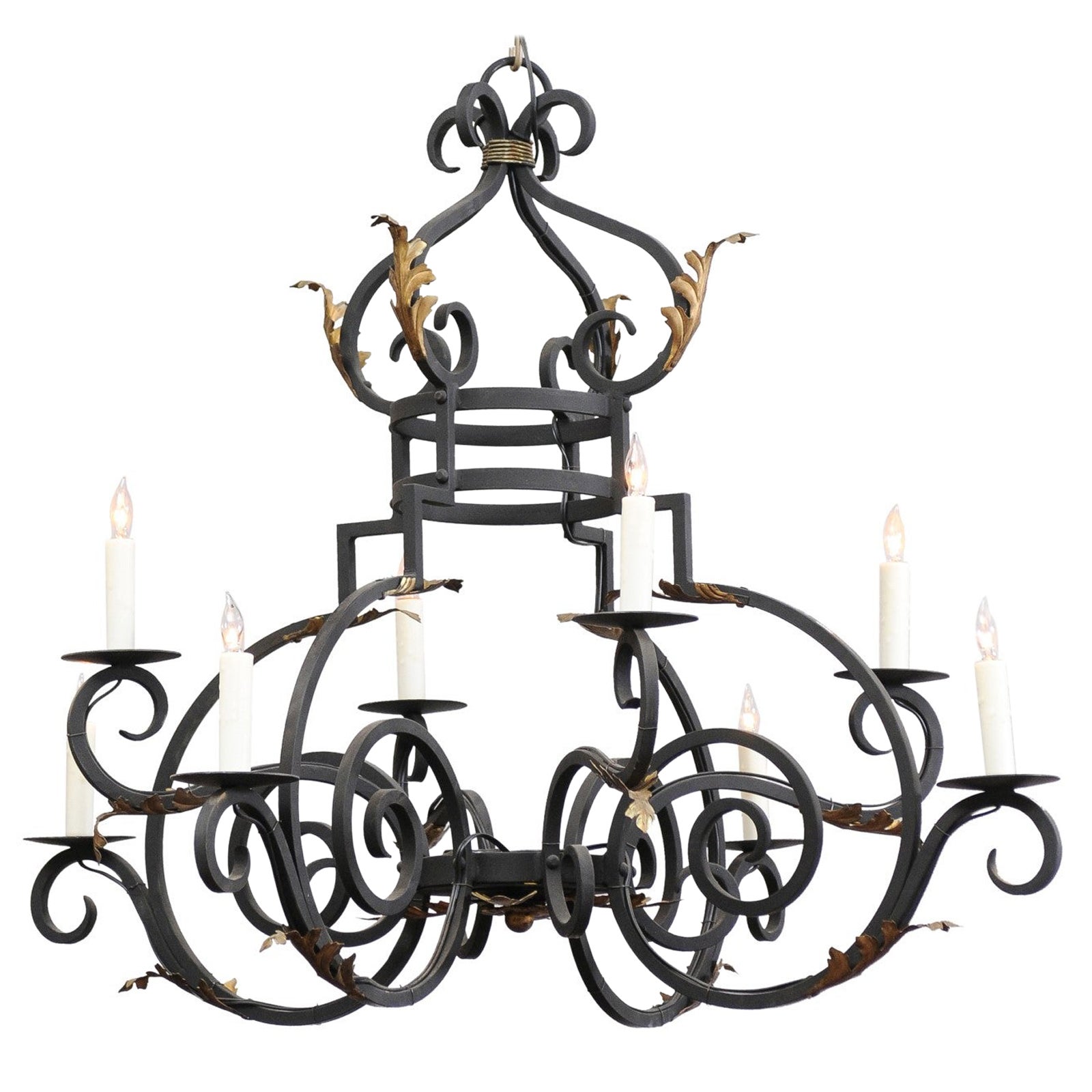 French Style Iron Chandelier with 8 Lights 
Gilt Acanthus Leaves, Reproduction