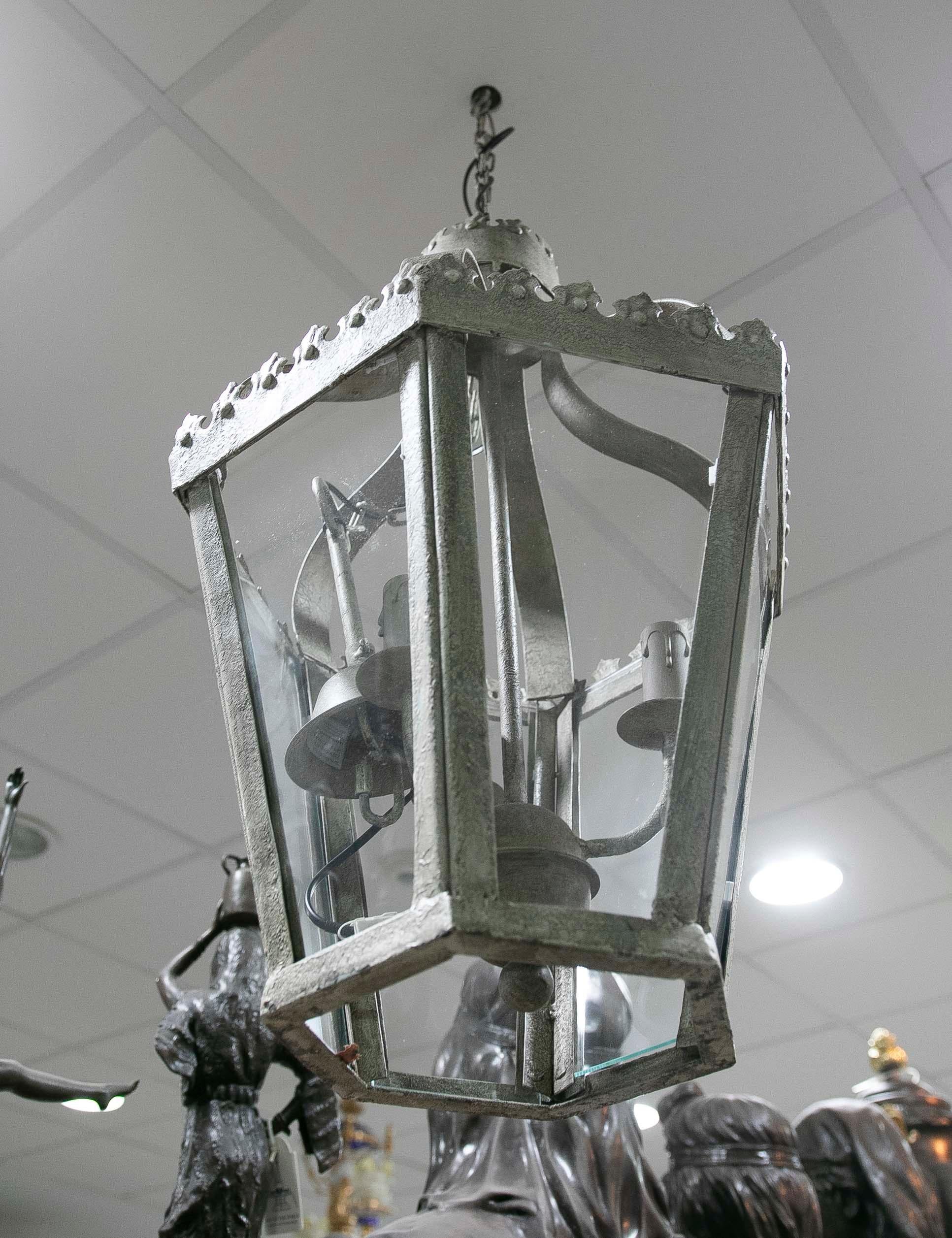 Spanish French Style Iron Lantern in Antiqued Grey Finish For Sale