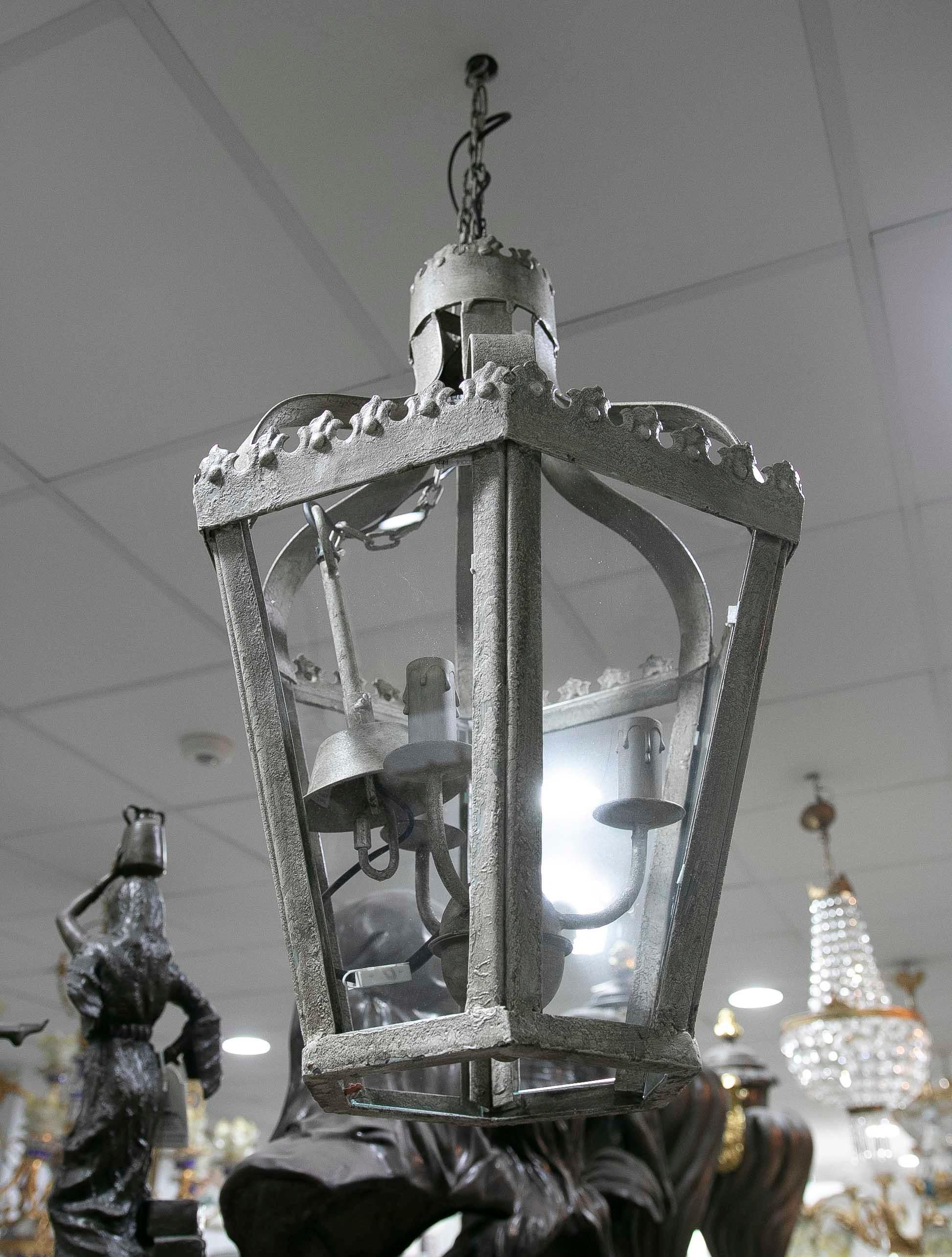 Contemporary French Style Iron Lantern in Antiqued Grey Finish For Sale